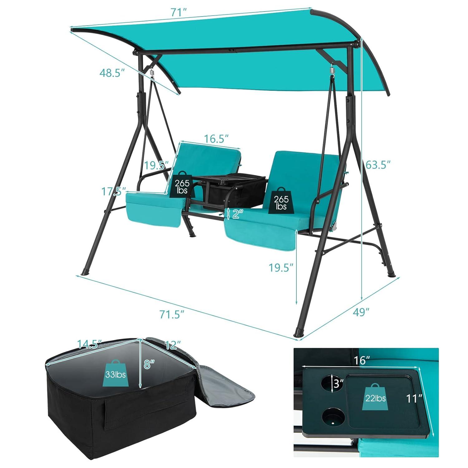 Spaco Outdoor Patio Porch Swing Chair with Adjustable Canopy for Garden, Balcony, Poolside, Turquoise
