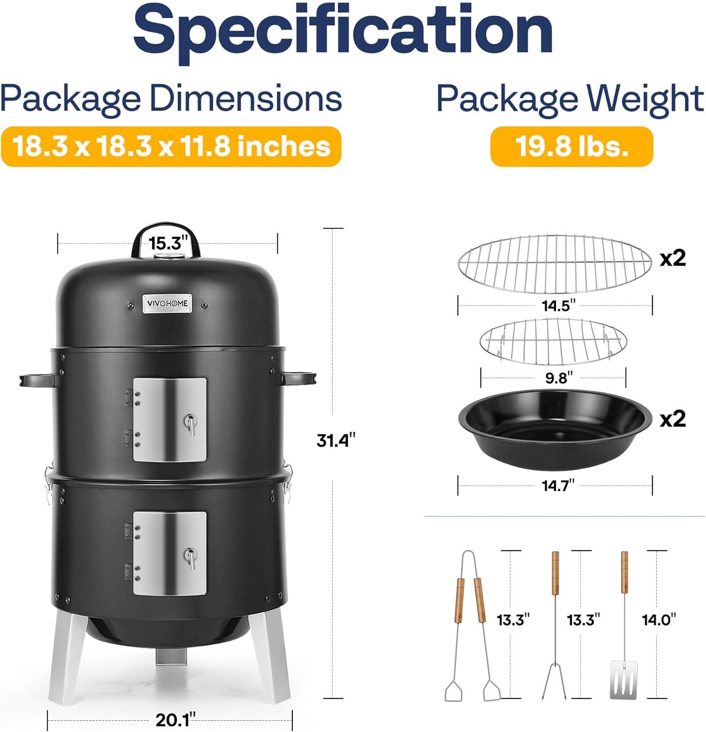 Black Steel 3-in-1 Vertical Charcoal Smoker Grill with Thermometer