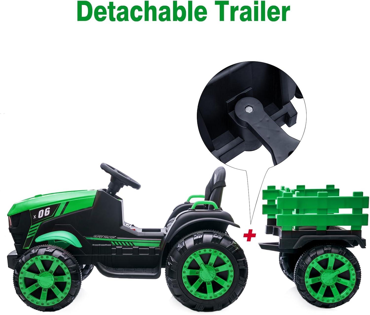 Jojoka Kids Ride On Tractor with Trailer, 12V Battery Powered Ride On Car with Remote Control, 2*35W Motors, 6 Wheels, LED Lights, Music, Electric Ride On Toys for 3-8 Years Boys & Girls, Green