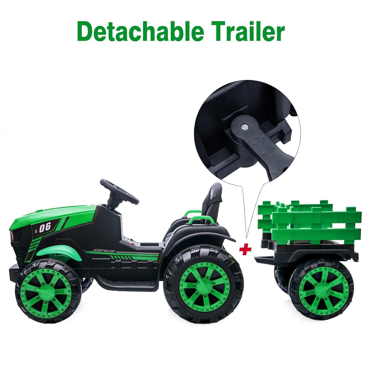 Yesurprise 12v Kids Ride On Tractor With Trailer Battery Powered Electric Vehicles Toy With 35w Dual Motor Remote Control 6 Wheels Led Lights Music