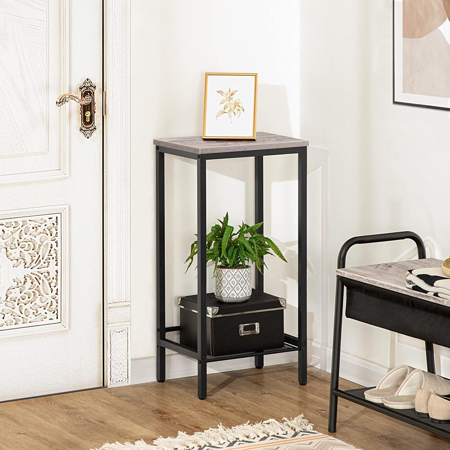 Greige and Black Tall Metal Side Table with Adjustable Mesh Shelf