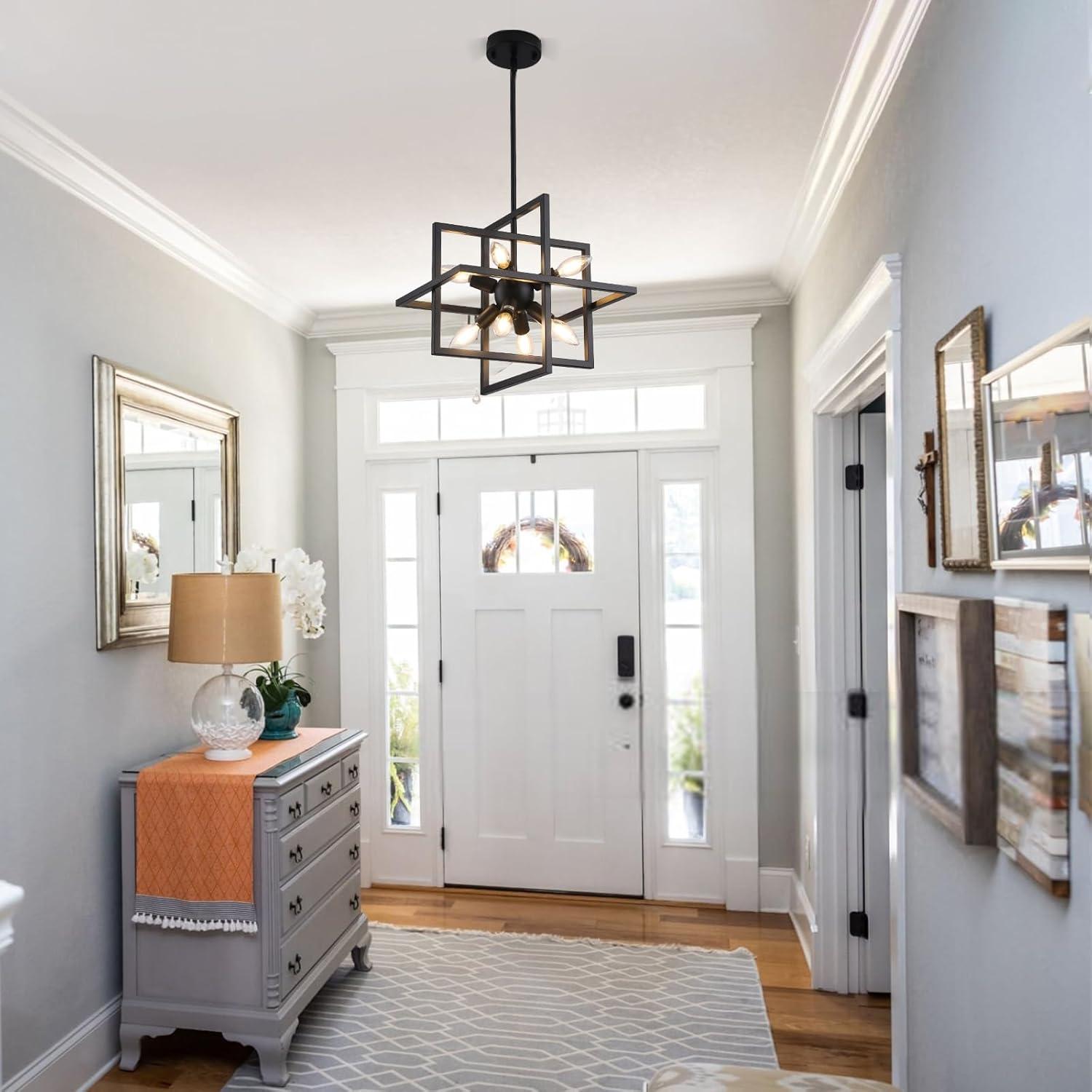 Modern Black and Gold Chandelier, 8-Light Geometric Pendant Light Fixture, Dining Light Fixtures Adjustable Chandelier for Dining Room Entryway Foyer Hallway Bedroom Living Room Kitchen Island