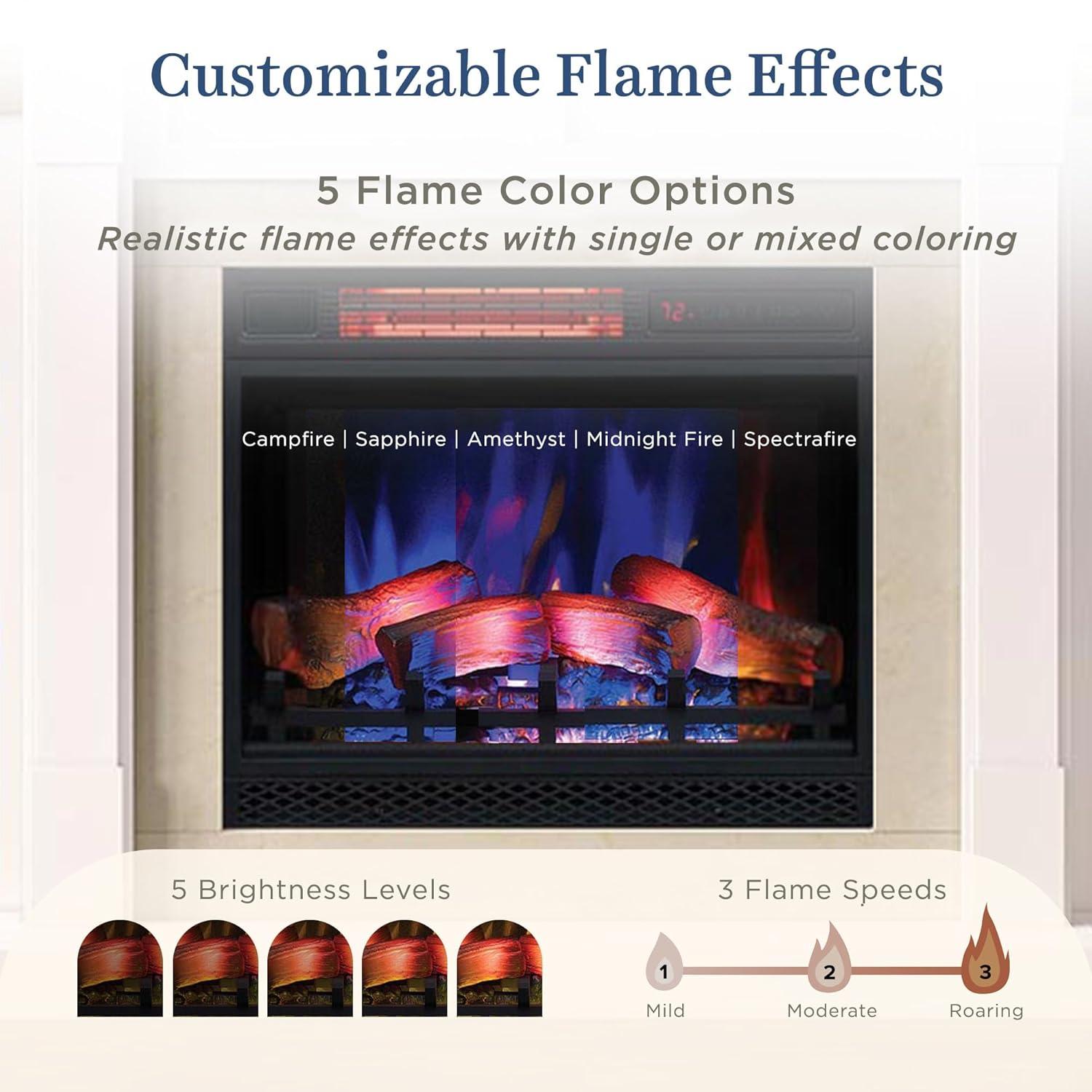 Country Living Belhaven 74 Inch Bookcase Mantel Package | 23 Inch Smart Electric Fireplace Insert Heater