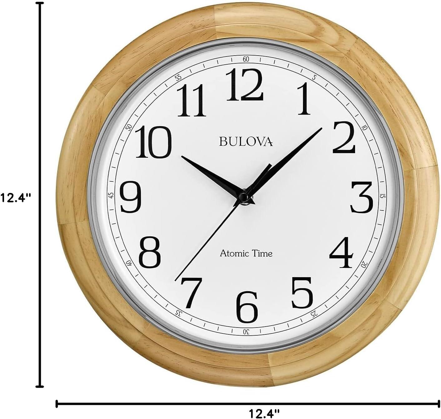 Bulova Wooden Atomic analog wall clock, C5005 Atomic Time 2, sets automatically, quartz battery.