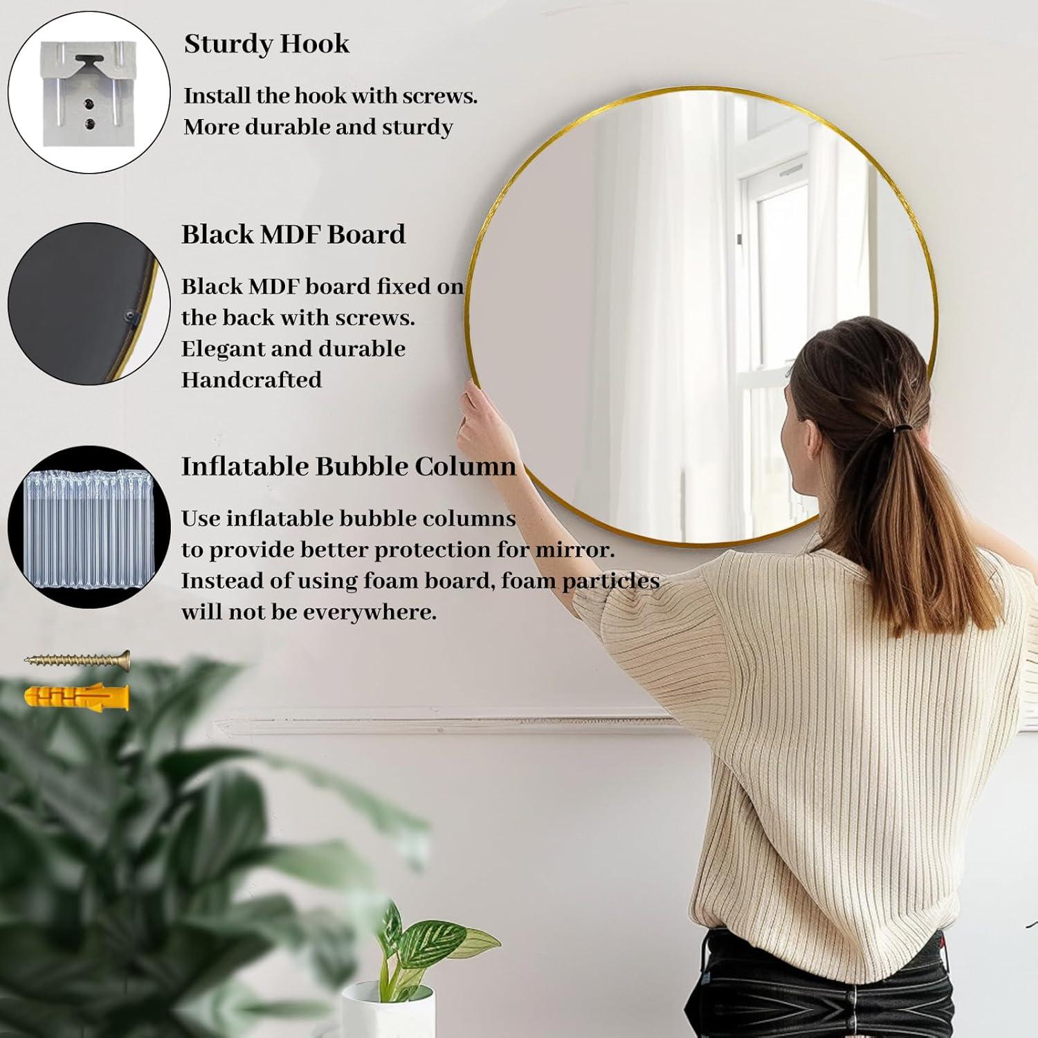 Gold Round Mirror, 24 inch Circle Mirror, Gold Metal Frame Bathroom Mirrors, Round Wall Mounted Mirrors for Bathroom, Hallway, Living Room, Bedroom.