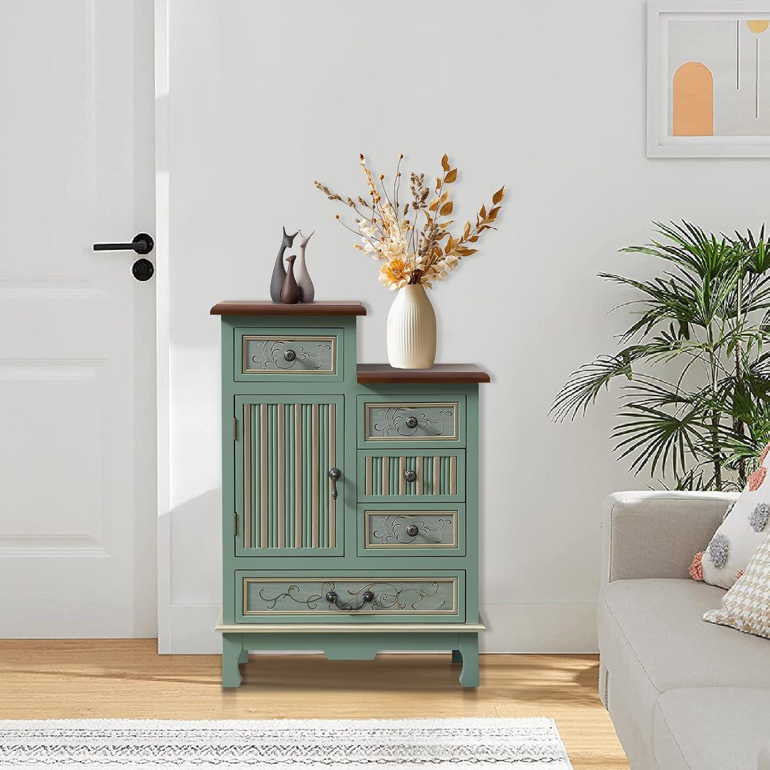 Fienley Farmhouse 21.6"W x 30.6"H x 11.8"D 1-Door Carved Wood Accent Chest With 5-Drawers, Rich Natural,Blue