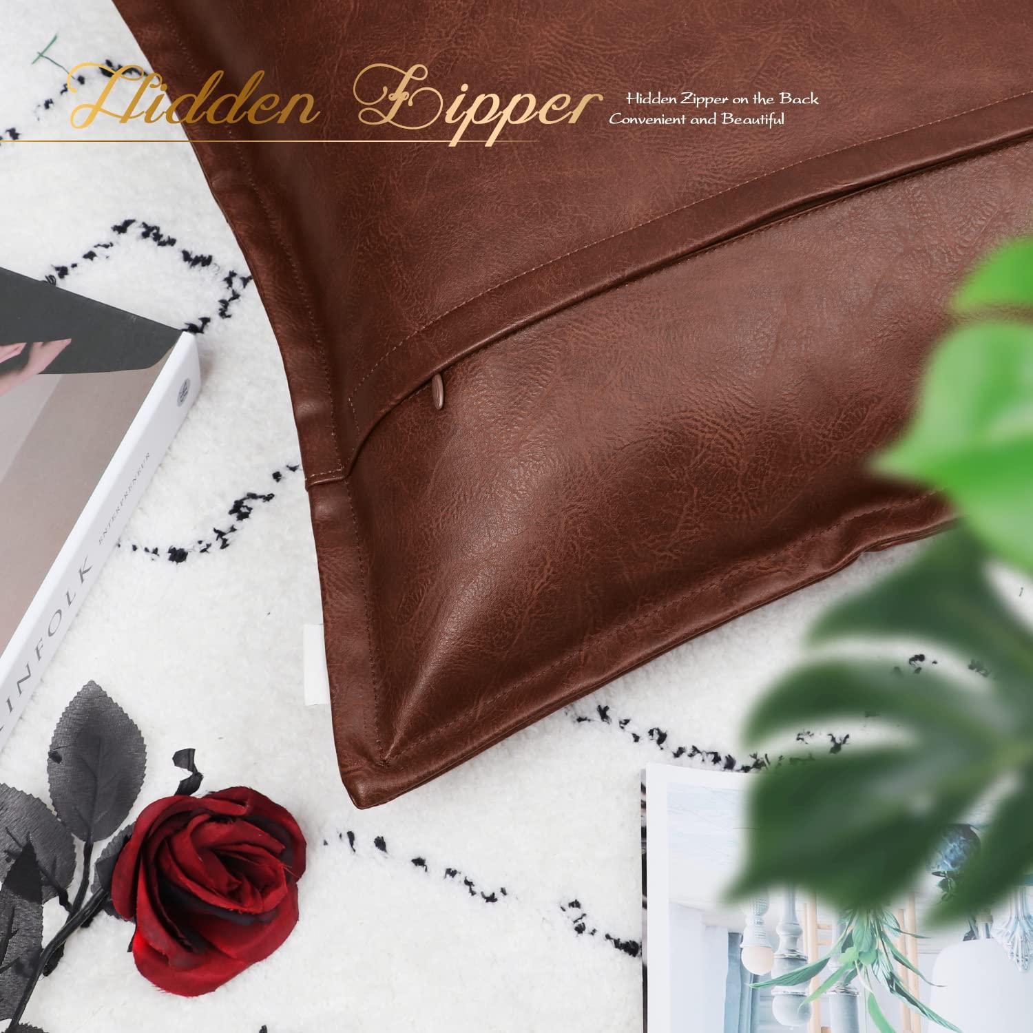 BRAWARM Dark Brown Leather Throw Pillow 12 X 20 Inches, Faux Leather Pillow Cover with Piping, Hand Stitched Leather Decorative Lumbar Throw Pillow Covers for Couch Sofa Bed Living Room Garden