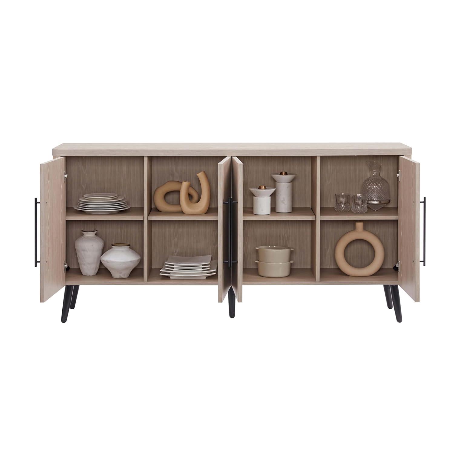 Manhattan Comfort Jodie 65" Mid-Century Modern Sideboard with 8 Adjustable Shelves in Whitewashed Oak