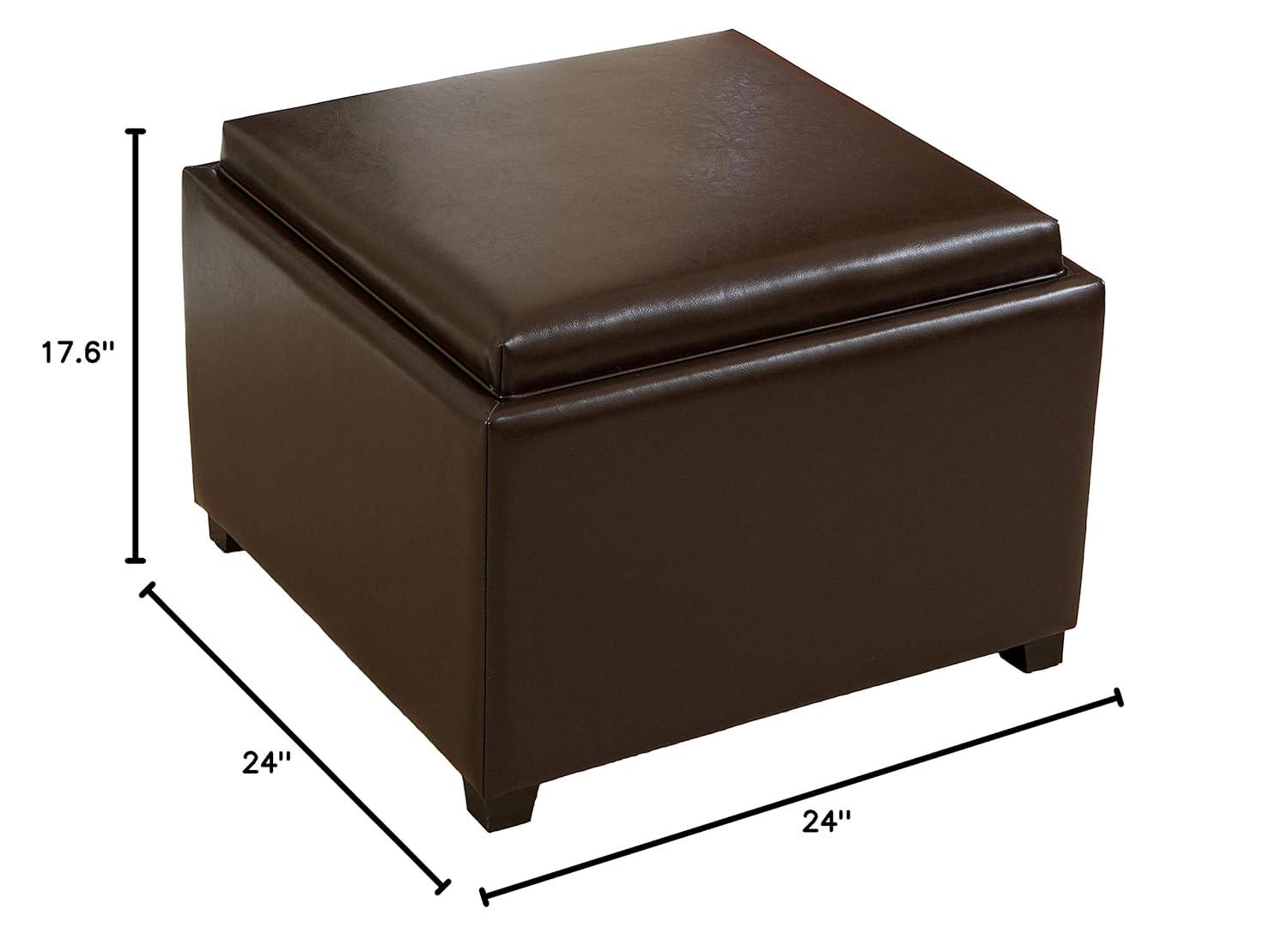 Wellington Leather Tray Top Storage Ottoman Brown - Christopher Knight Home: Footstool, Hardwood Frame