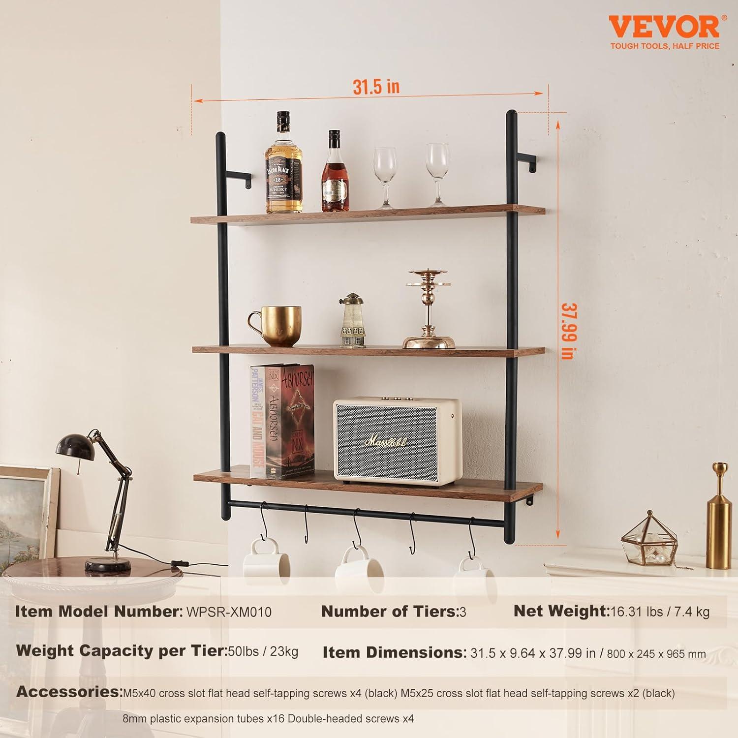 VEVOR Industrial Pipe Shelf, 3 Tier 32x9.84in, Wall-Mount Floating Rustic Wood Shelves Bracket Display Bookshelf, Storage Rack Sundries Holder for Kitchen Bedroom Bathroom Living Room, Black