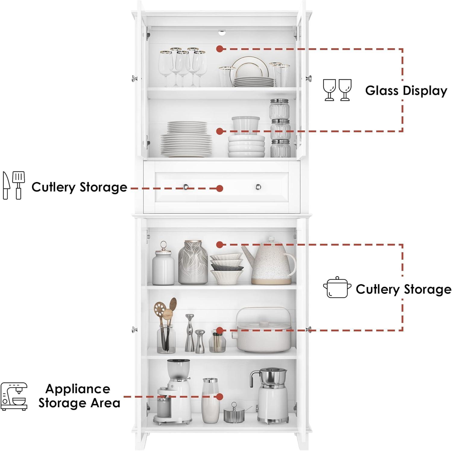 76'' White Freestanding Kitchen Pantry Cabinet with Glass Doors