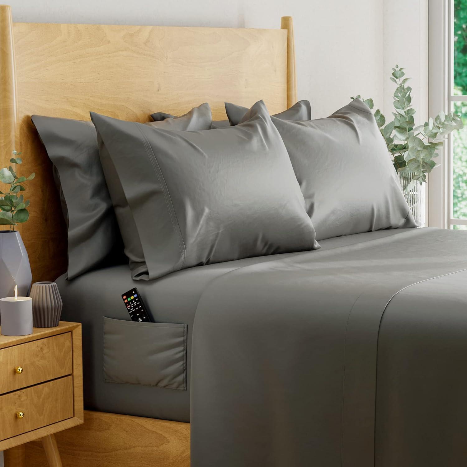 DREAMCARE - Bed Sheets Set - Queen Size Sheet with Side Pocket - 4pcs Set, 15 inches, Dark Gray