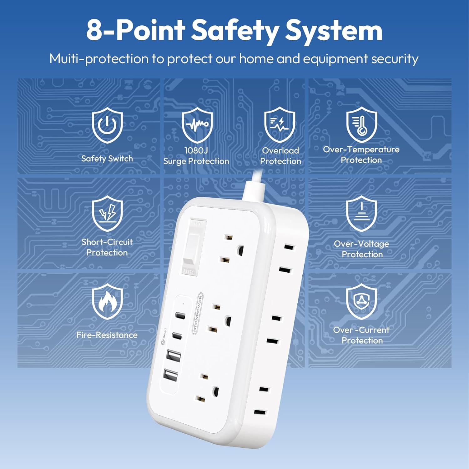 White 10 ft Power Strip with 6 Outlets and 4 USB Ports