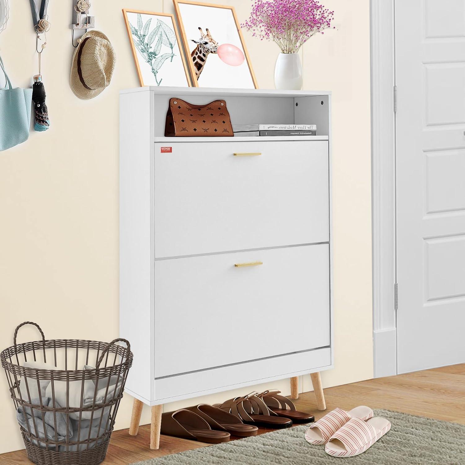 White Wood and Metal Flip Drawer Shoe Cabinet