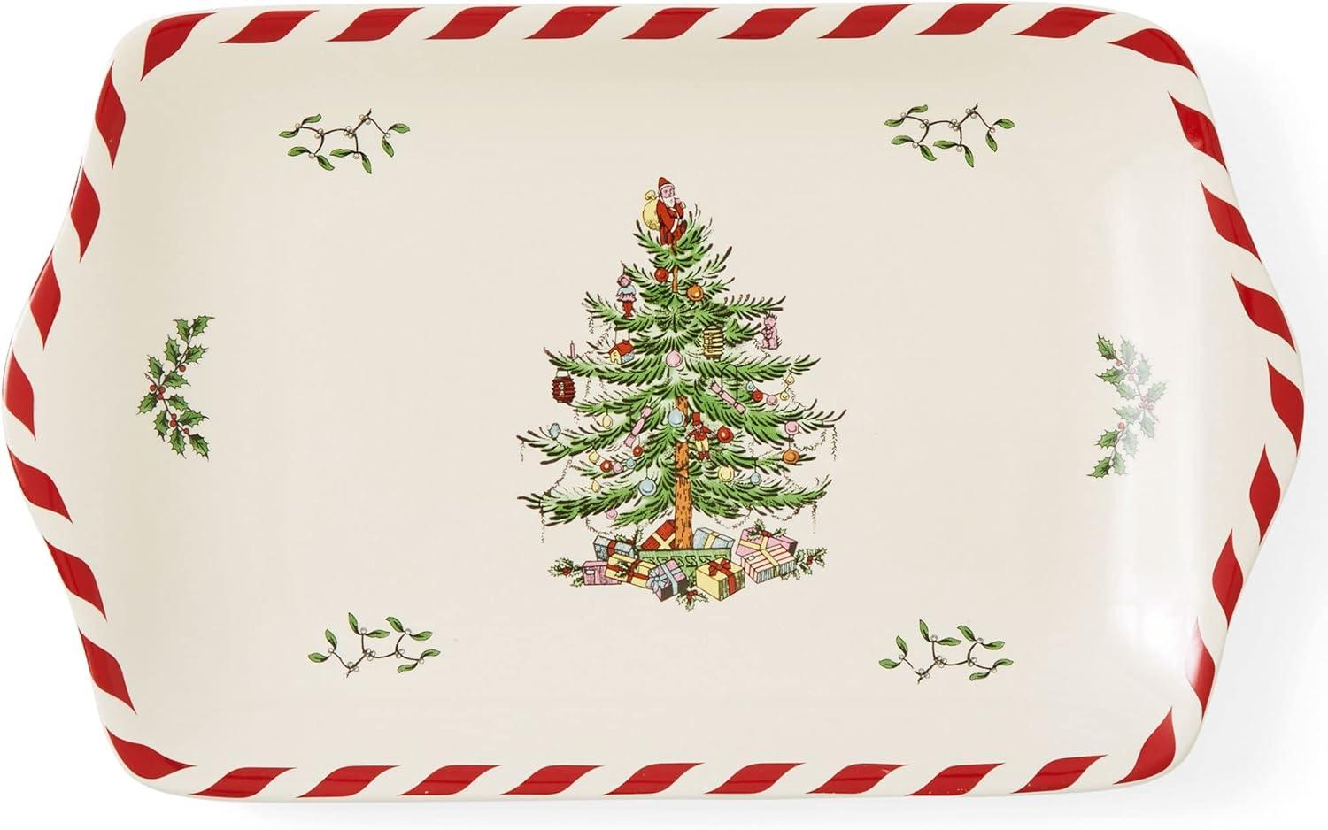 Festive Peppermint Christmas Tree 12-inch Porcelain Dessert Tray