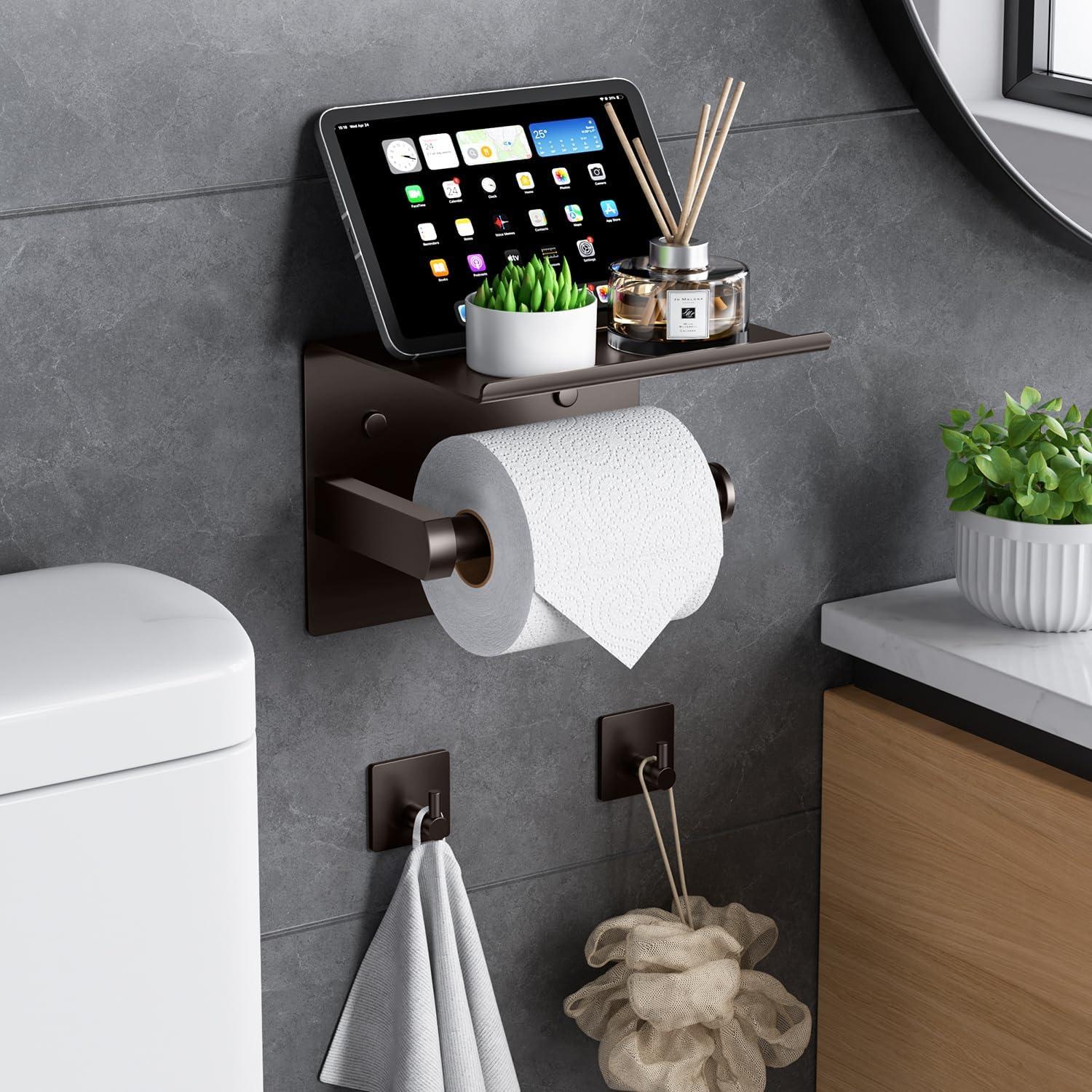 Tindbea Mega Size Toilet Paper Holder with Shelf + Towel Robe Hooks, Adhesive or Screw Wall Mounted Toilet Tissue Roll Holder, Stainless Steel Bathroom Hardware Set (Bronze)