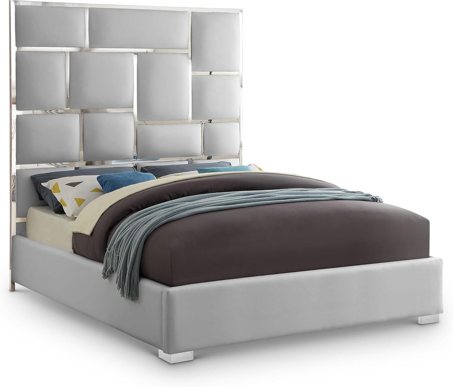 Milan 84.5" White Faux Leather King Bed with Chromed Metal Frame