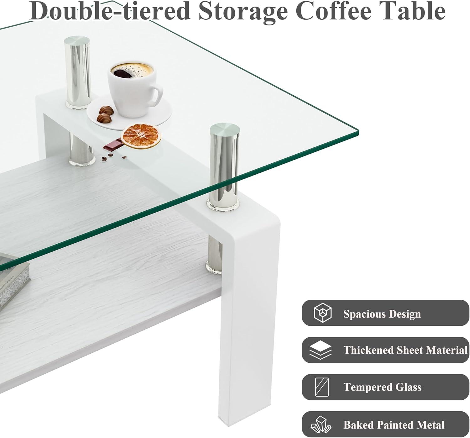 Glass Coffee Table for Living Room, Rectangle Glass Coffee Table with Storage Shelf, Transparent Coffee Tabletop with White Metal Legs for Apartment, Office (Transparent Glass, White)
