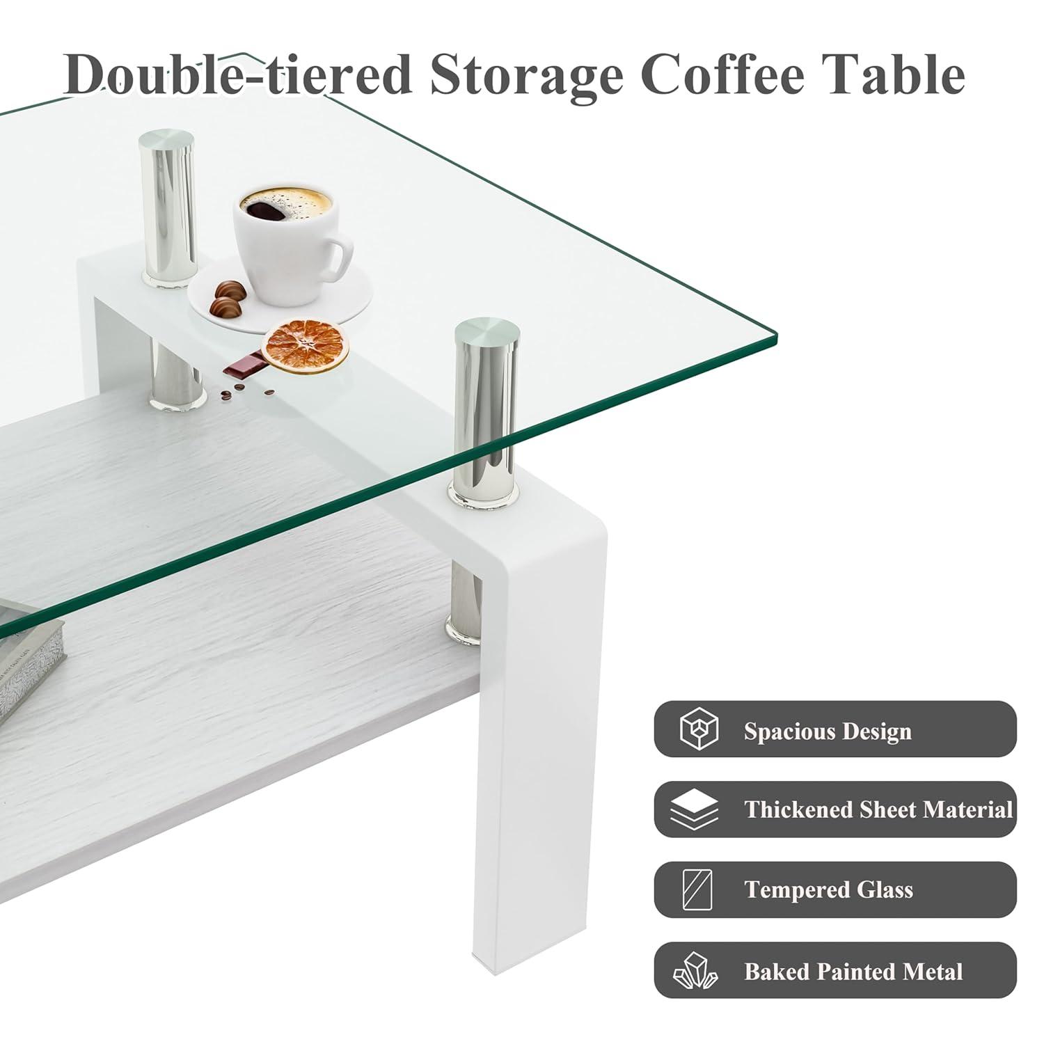 Glass Coffee Table for Living Room, Rectangle Glass Coffee Table with Storage Shelf, Transparent Coffee Tabletop with White Metal Legs for Apartment, Office (Transparent Glass, White)