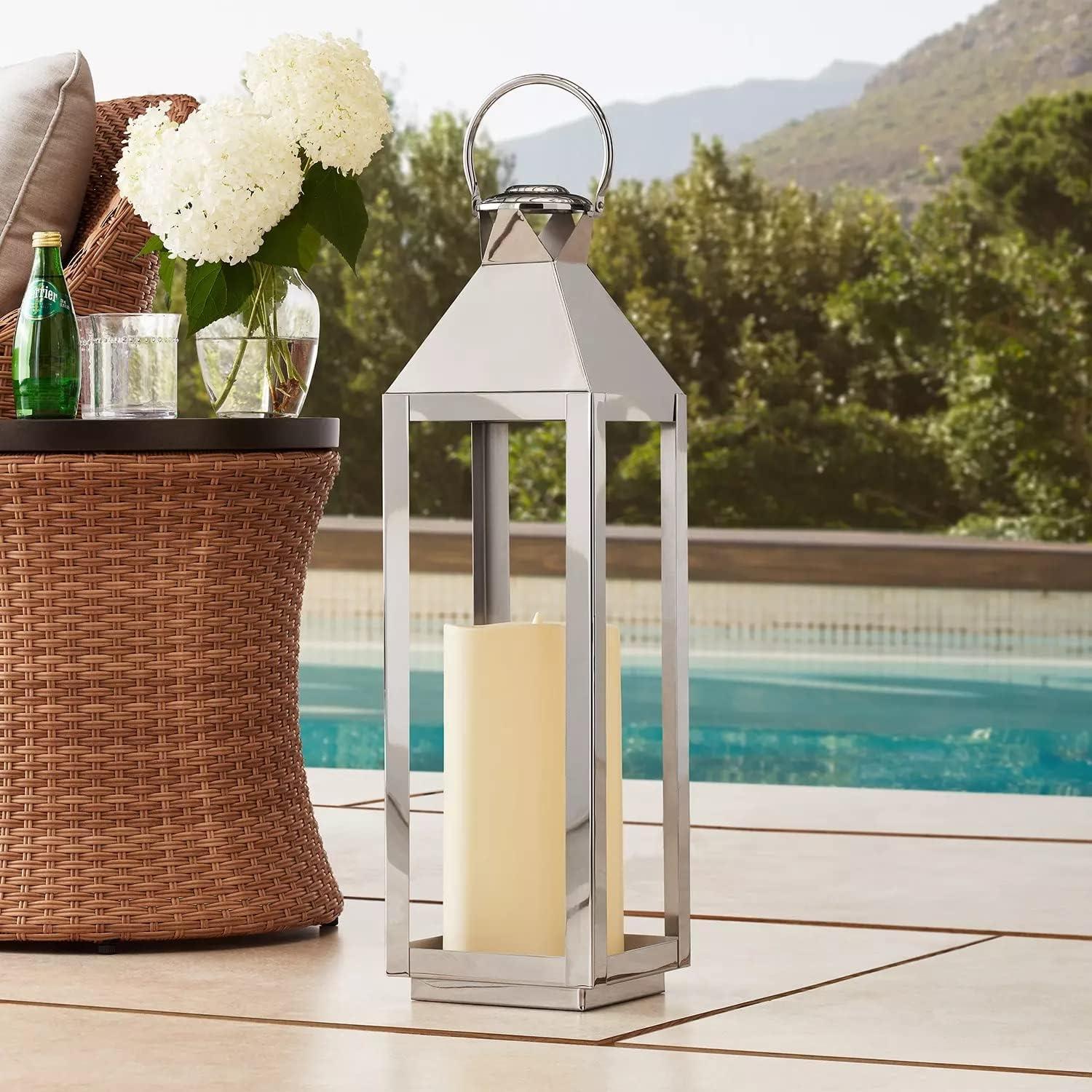 Elegant 28" Silver Stainless Steel Tapered Lantern