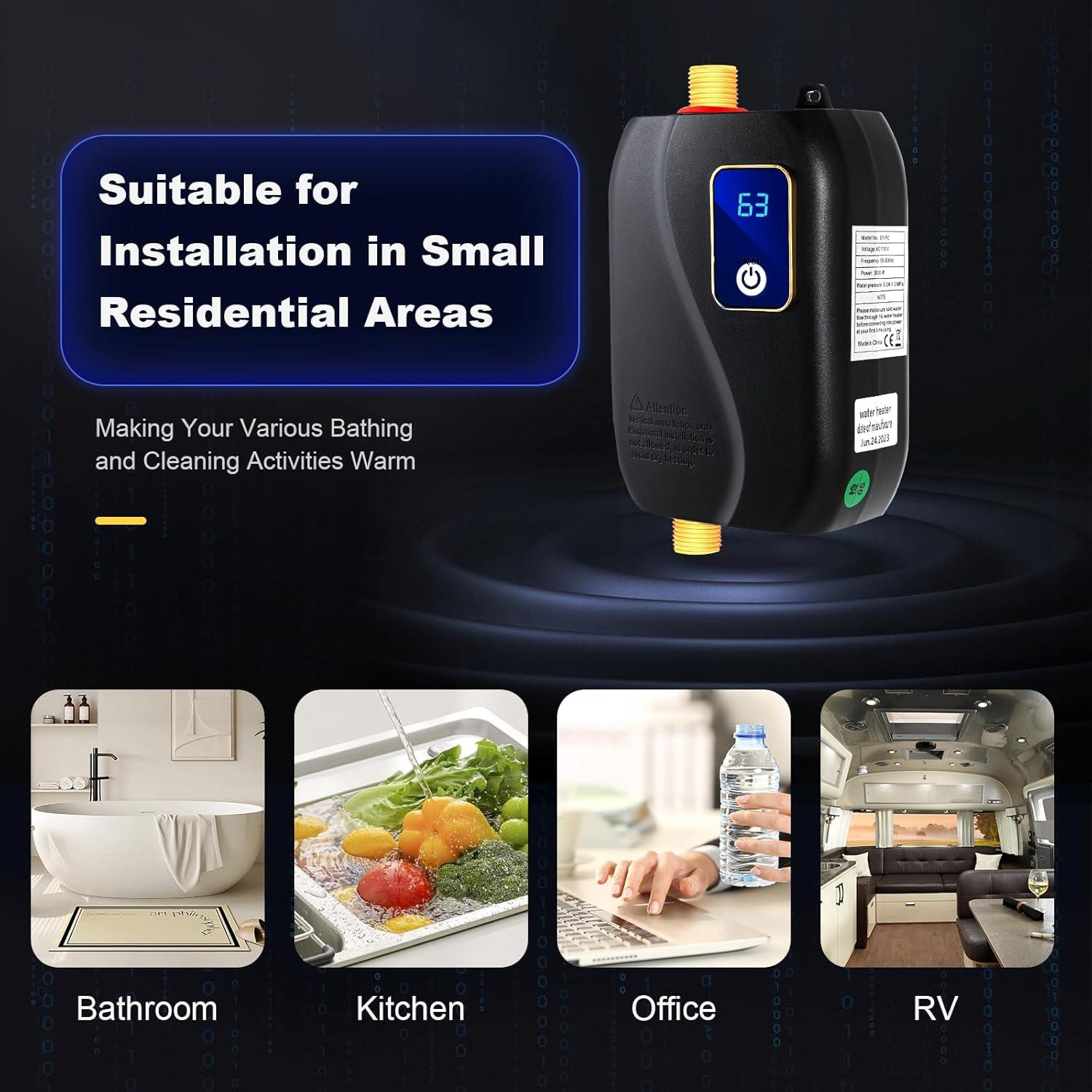 Miumaeov 110V 3000W Mini Instant Electric Tankless Water Heater Under Sink On Demand Water Heater for Kitchen Bathroom