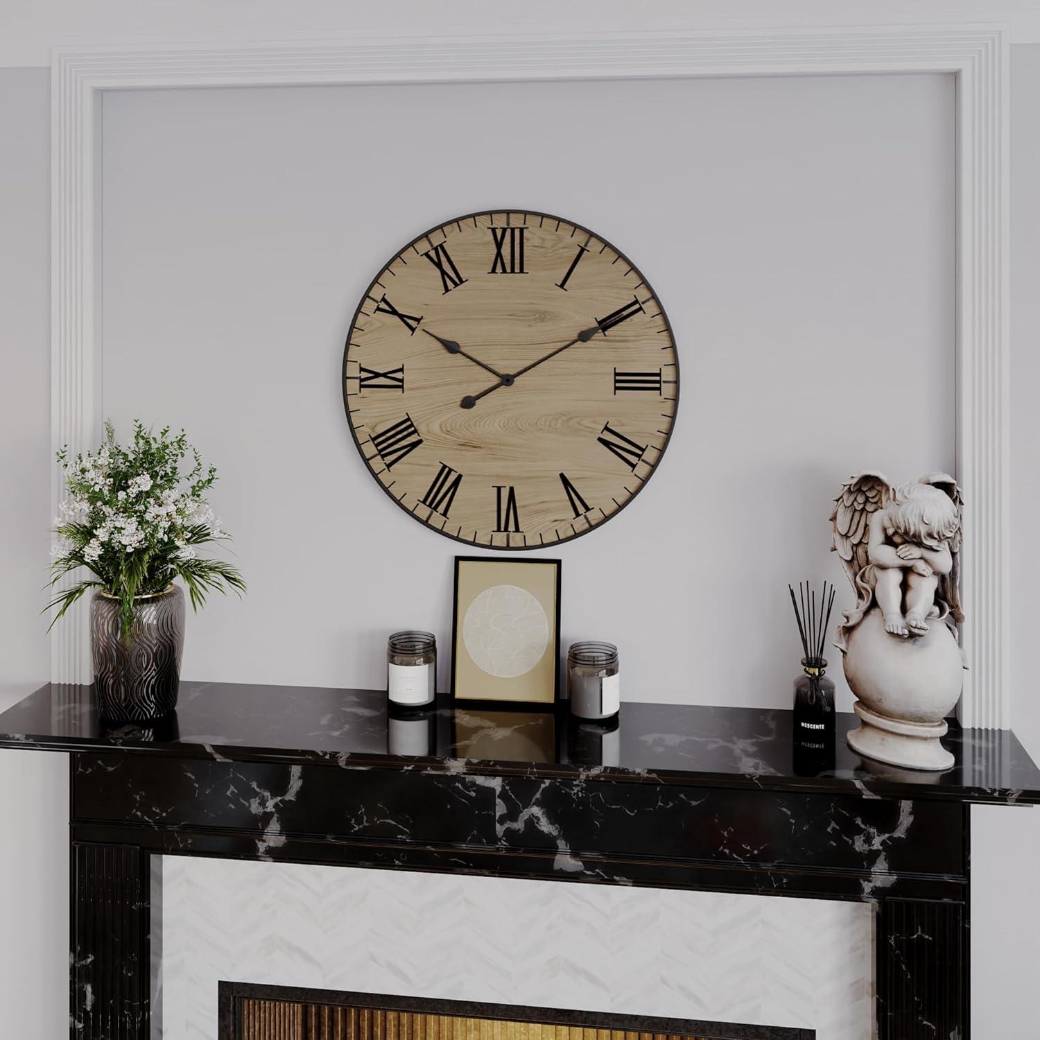 Large 24-Inch Natural Wood Wall Clock with Black Roman Numerals