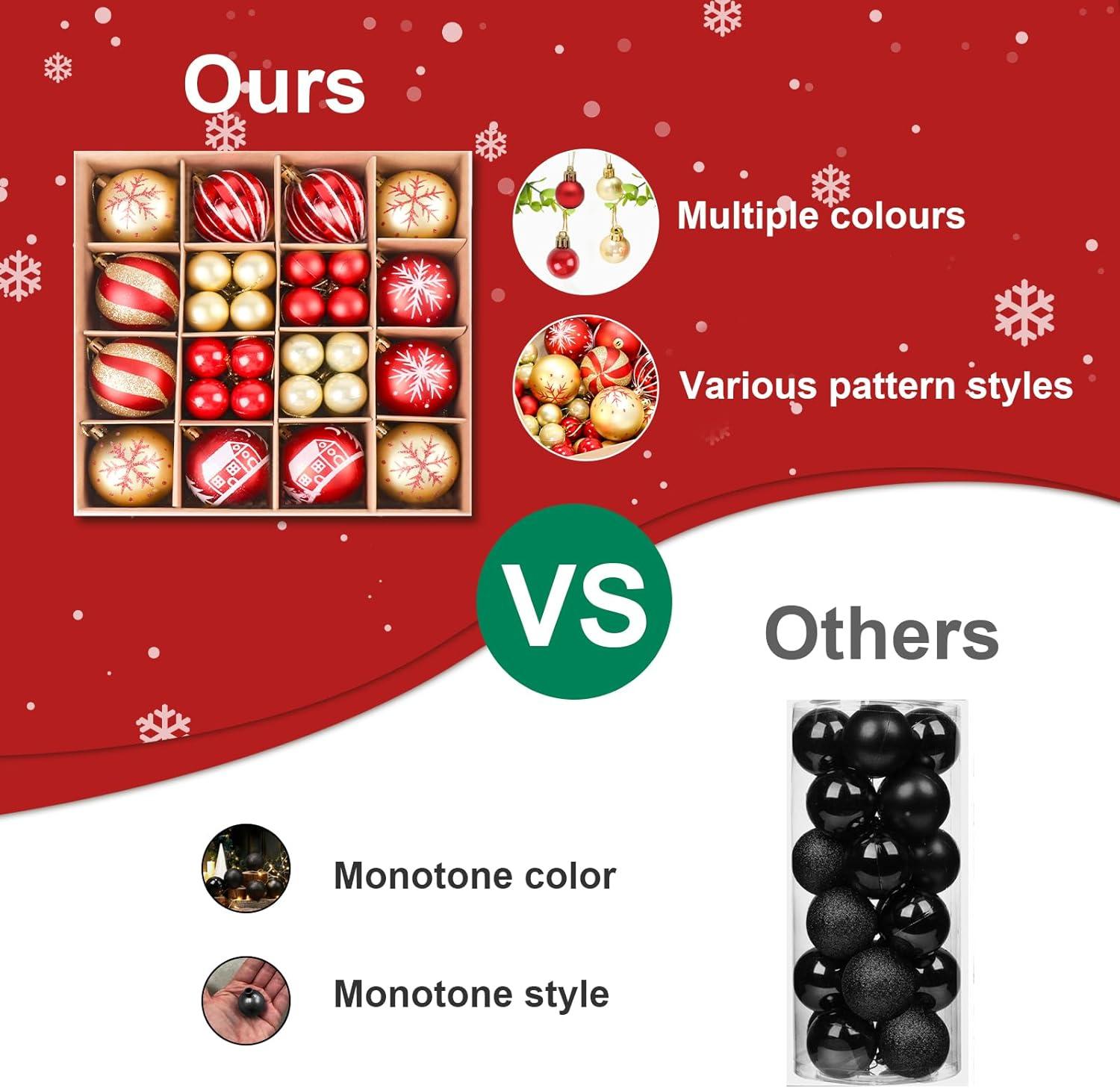 Zhourta 44Pcs Gold and Red Christmas Hanging Balls Christmas Proof Ball Ornaments for Party Holiday Christmas Tree Supplies Home Yard Decorh