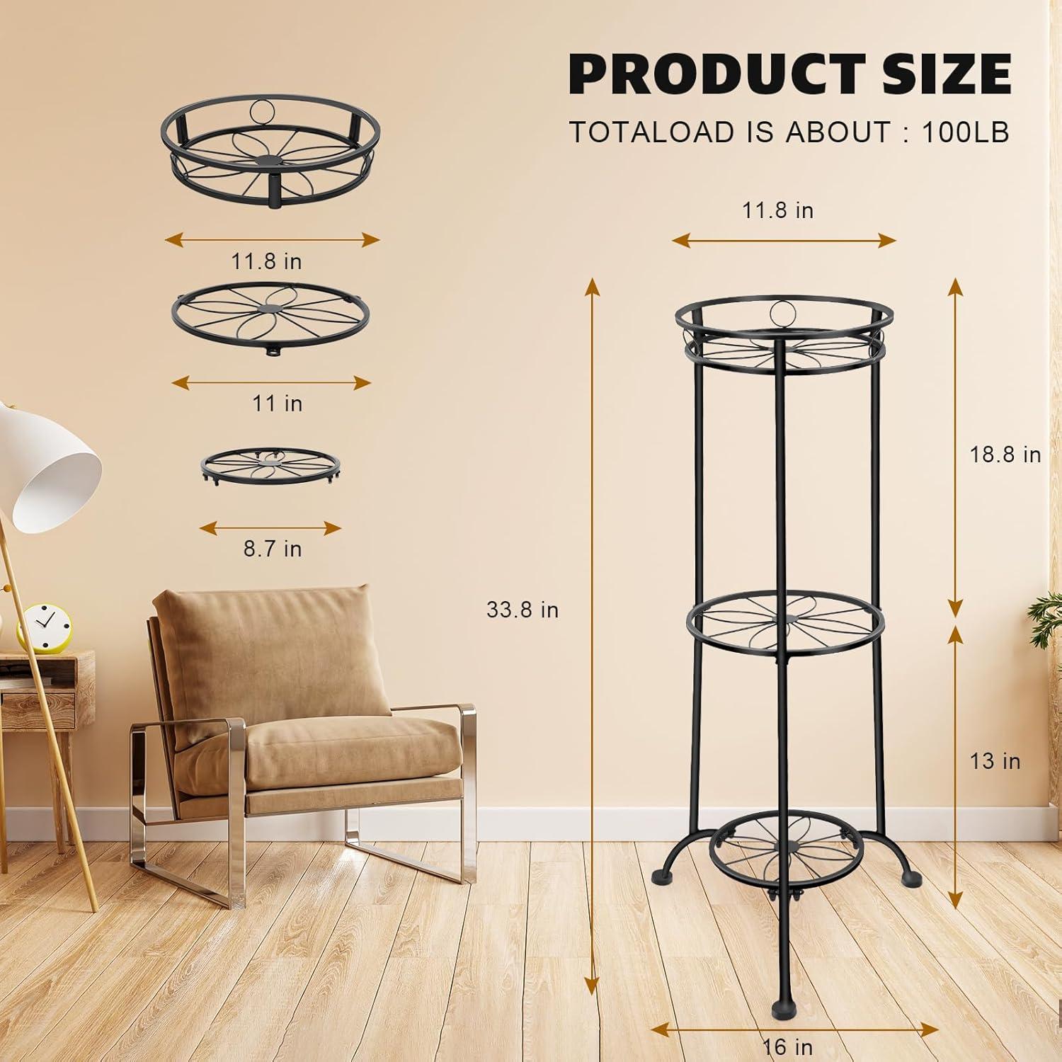 35-Inch Black Iron 3-Tier Heavy-Duty Plant Stand