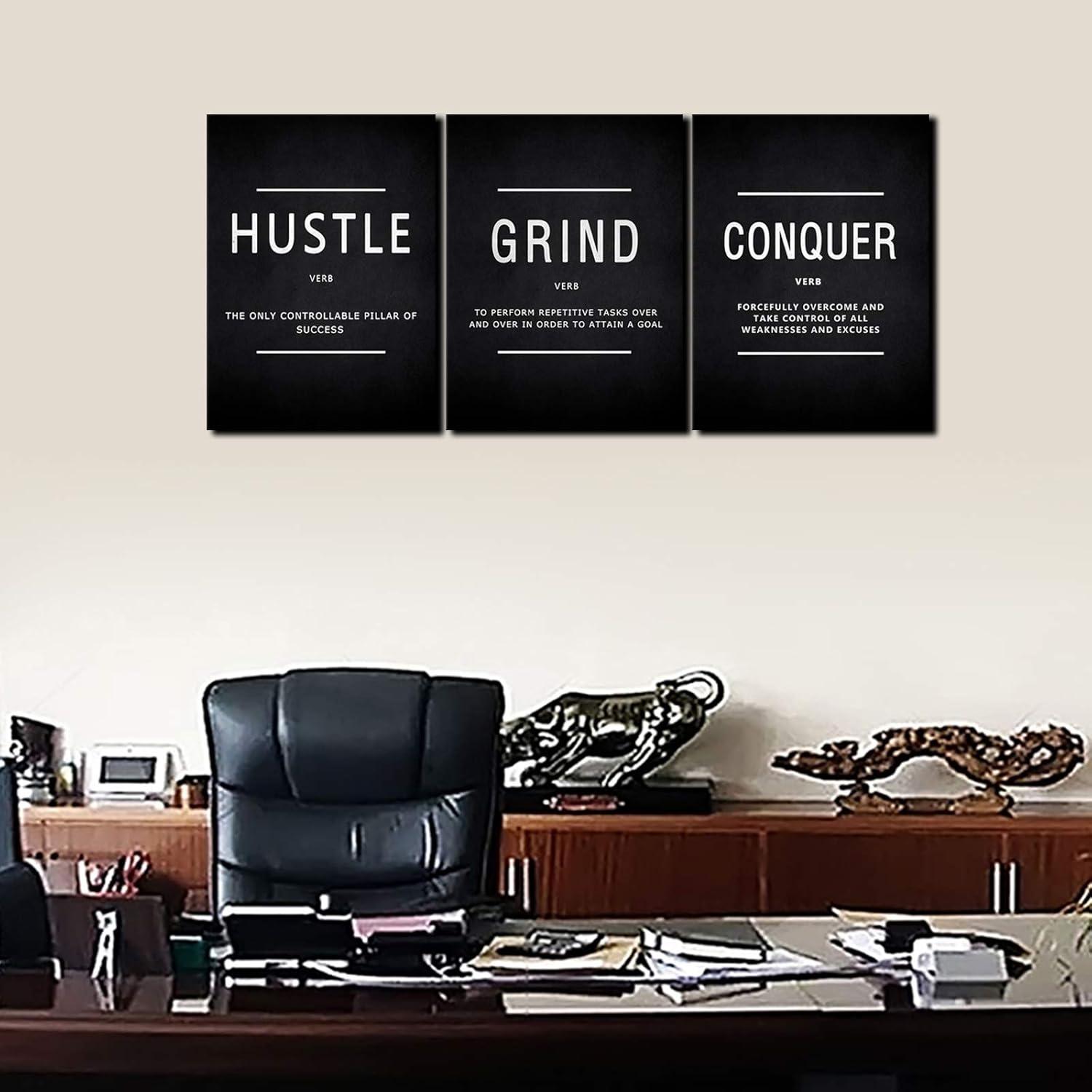 Success Quotes Wall Art, Grind Hustle Conquer Motivation Wall Poster Framed Positive Sayings Wall Hanging Inspirational Quotes for Home Office Workplace - 12x16inx3pcs