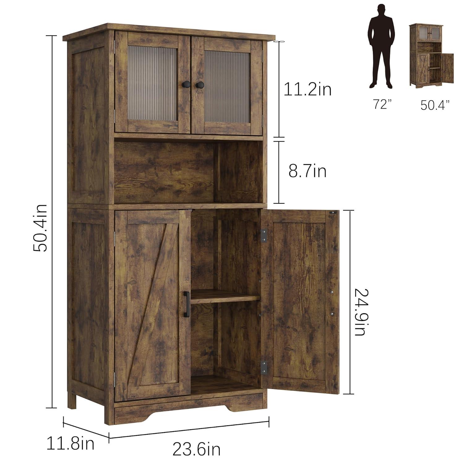 Freestanding Floor Linen Storage Cabinet with Glass Doors & Adjustable Shelves, Standing Cupboard for Bathroom, Kitchen, Living Room, Vintage