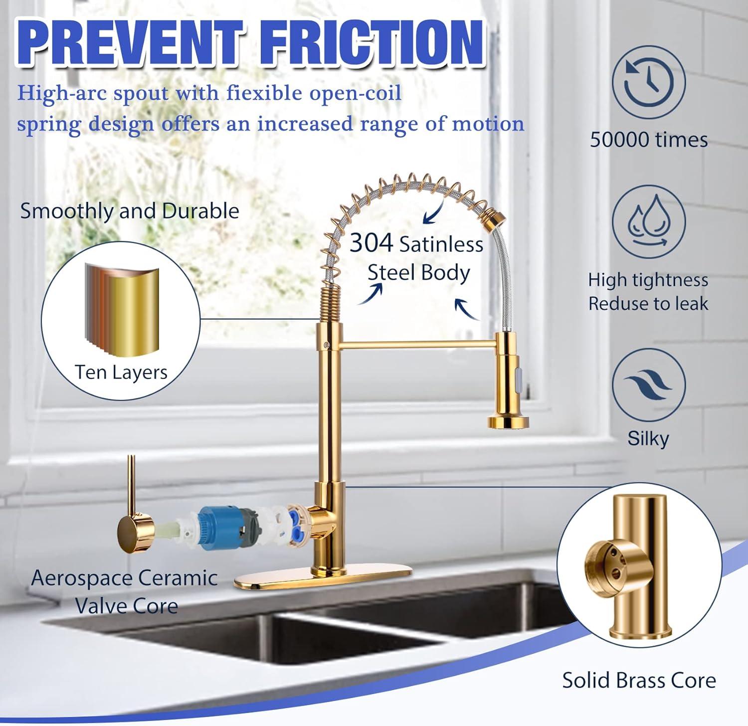 Gold Kitchen Faucet Stainless Steel Pull Down Kitchen Sink Faucet with Spray 1/One Hole Pre-Rinse Spring High- Arc Single Handle Kitchen Faucets for Sink Home Grifo del fregadero de la cocina Dorada