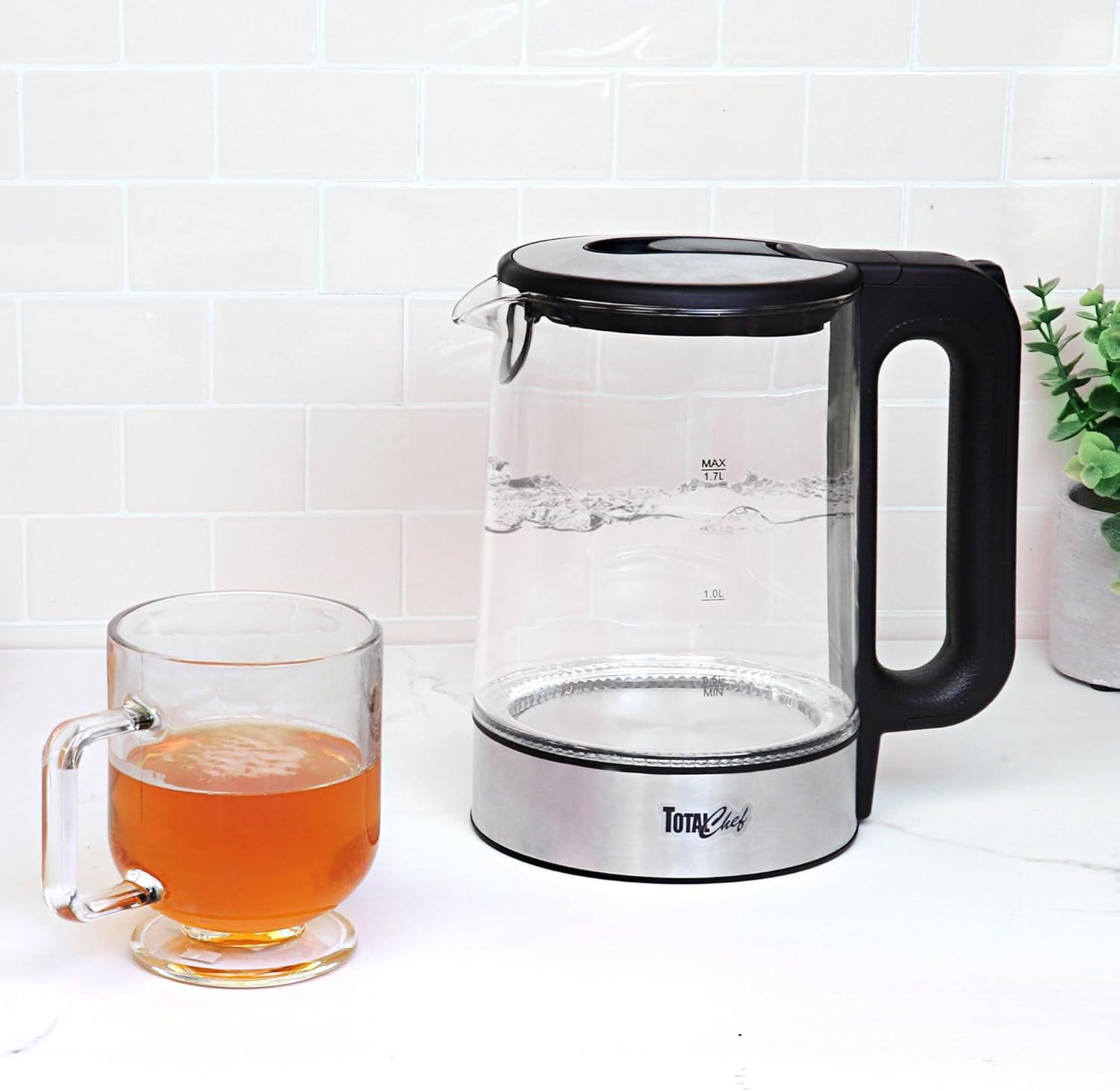 Total Chef Cordless Electric Glass Kettle LED Light 1.8 QT/1.7L: 360° Rotating Base, Automatic Shut-Off, 1100W, Water Boiler