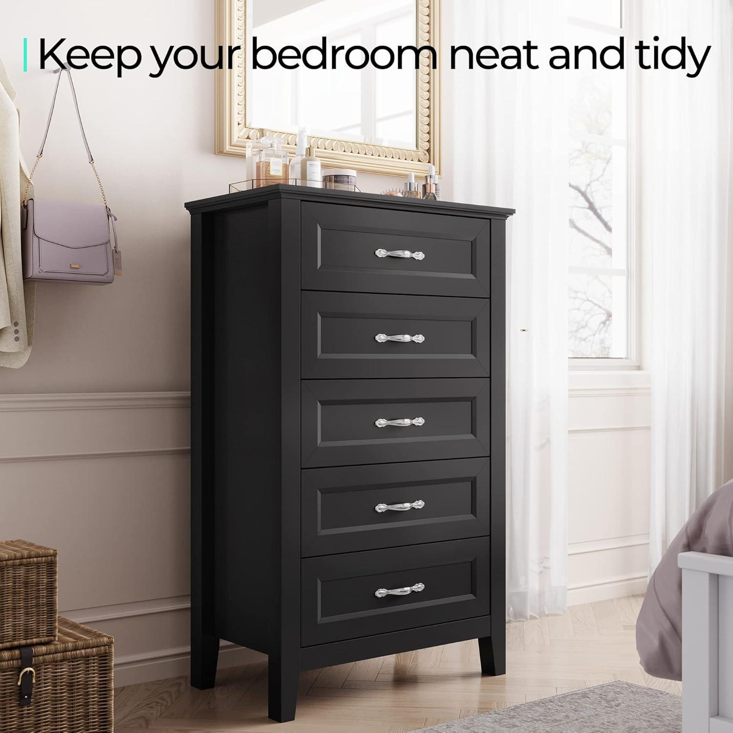 LINSY HOME Dresser for Bedroom, 5 Drawer Dresser with Metal Handles, Wood Chest of Drawers, Tall Dresser for Living Room, Entryway, and Closet, Black