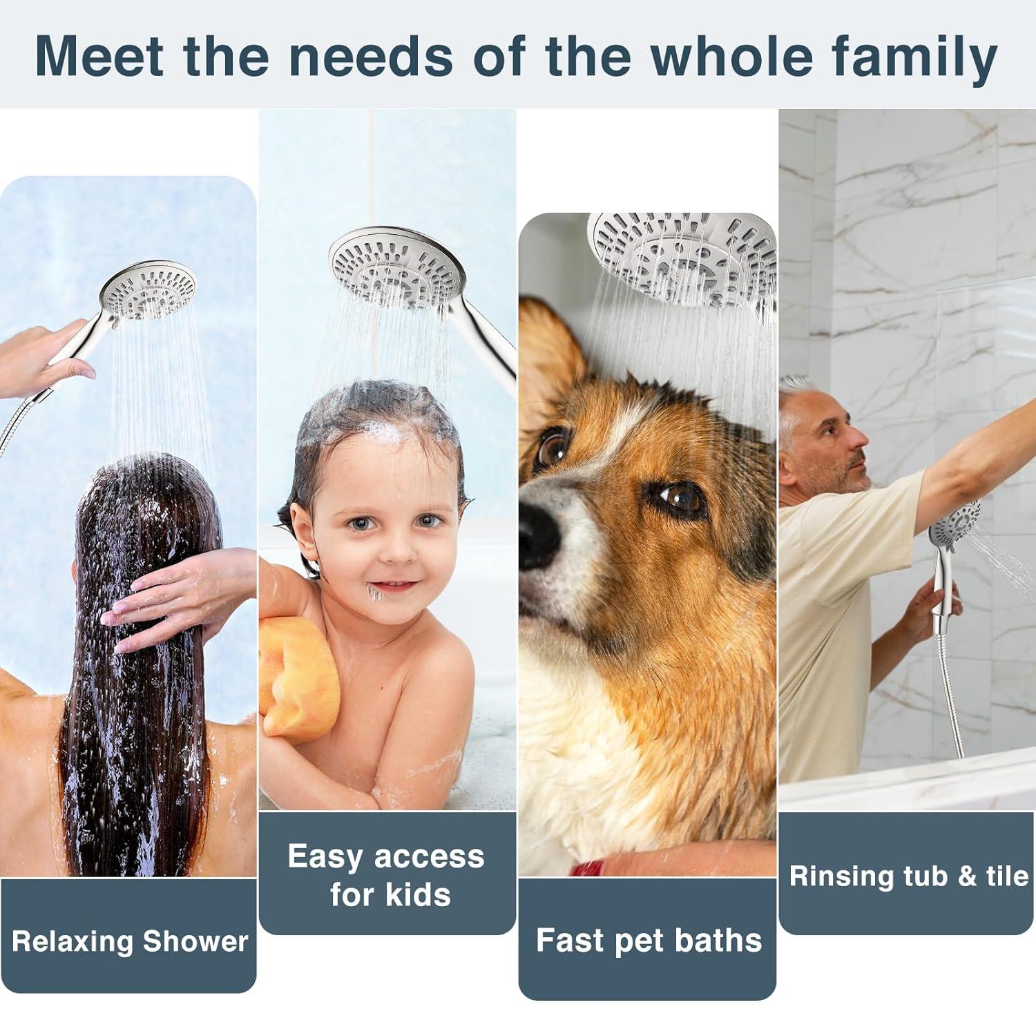 BRIGHT SHOWERS 9 Spray Settings Shower Head with Handheld High Pressure Brushed Nickel Hand Held Showerhead with 60 Inch Stainless Steel Hose and Adjustable Overhead Bracket