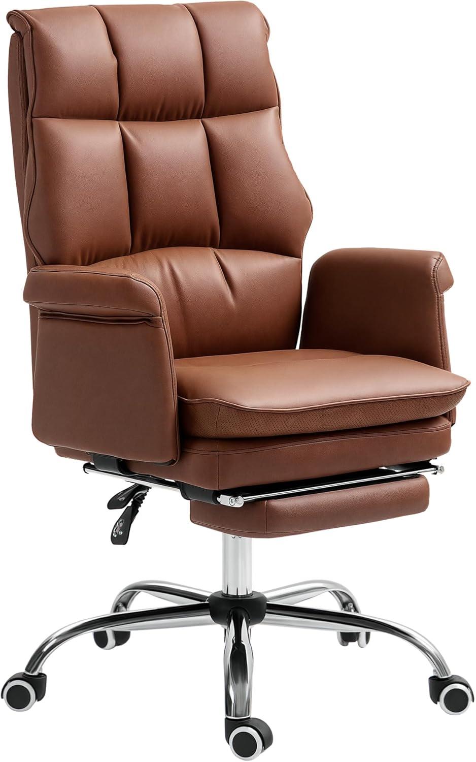 HOMCOM Executive Office Chair with Footrest, Ergonomic Office Chair, Reclining PU Leather Computer Chair, Brown