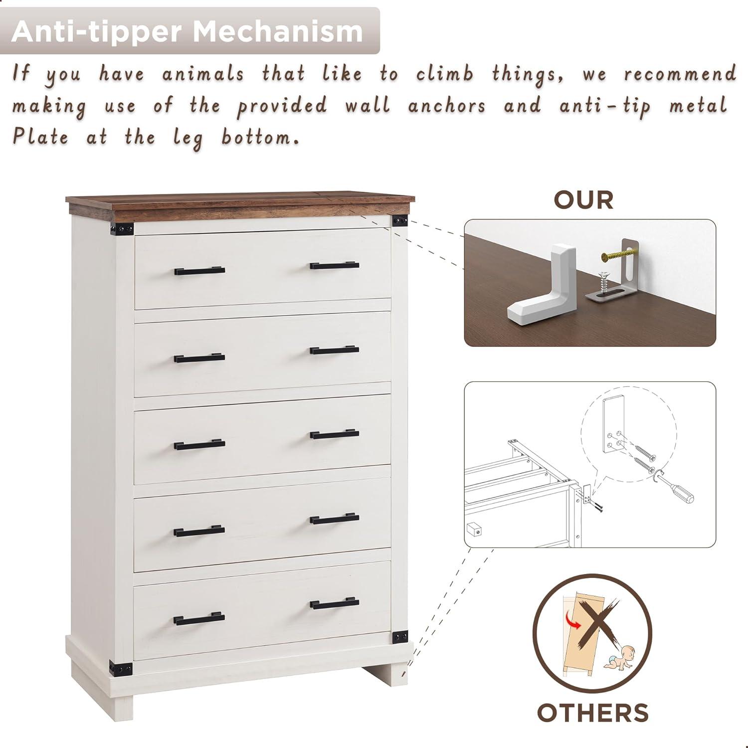 OKD Farmhouse 5 Drawers Dresser for Bedroom, Wood Tall Chest of Drawers with Thick Plank Styling, Rustic Closet Dresser for Bedroom, Living Room, Antique White