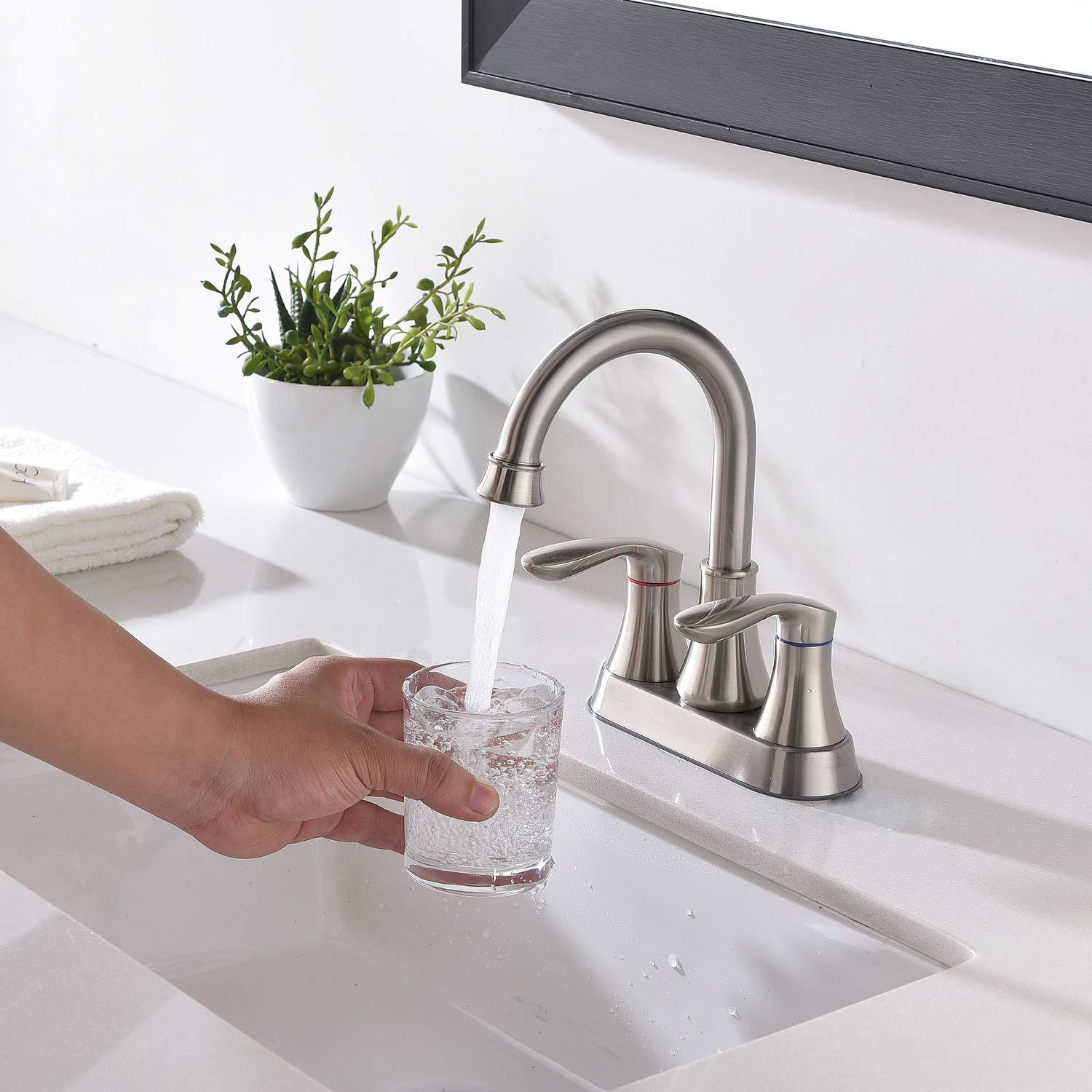 Brushed Nickel Bathroom Faucet, 2-Handle Lead-Free 360° Swivel High-Arc Spout 4 Inch Centerset Bath Lavatory Vanity Sink Faucets Set for Sinks with Drain & Water Hoses, VABM80008L