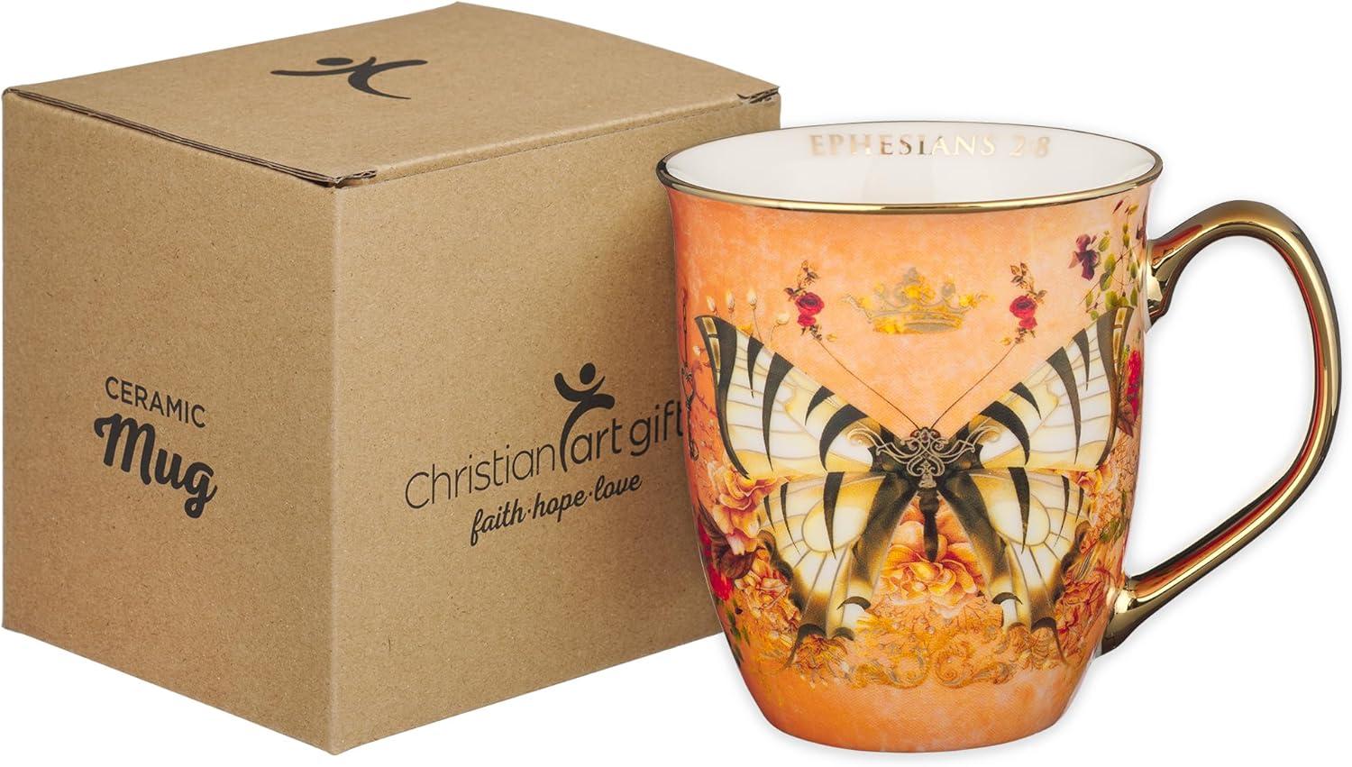 Christian Art Gifts Large Ceramic Butterfly Scripture Coffee & Tea Mug for Women: Grace - Inspirational Bible Verse Novelty Non-toxic Drinkware w/Gold Accents, Orange & White Multicolor Floral, 14 oz.