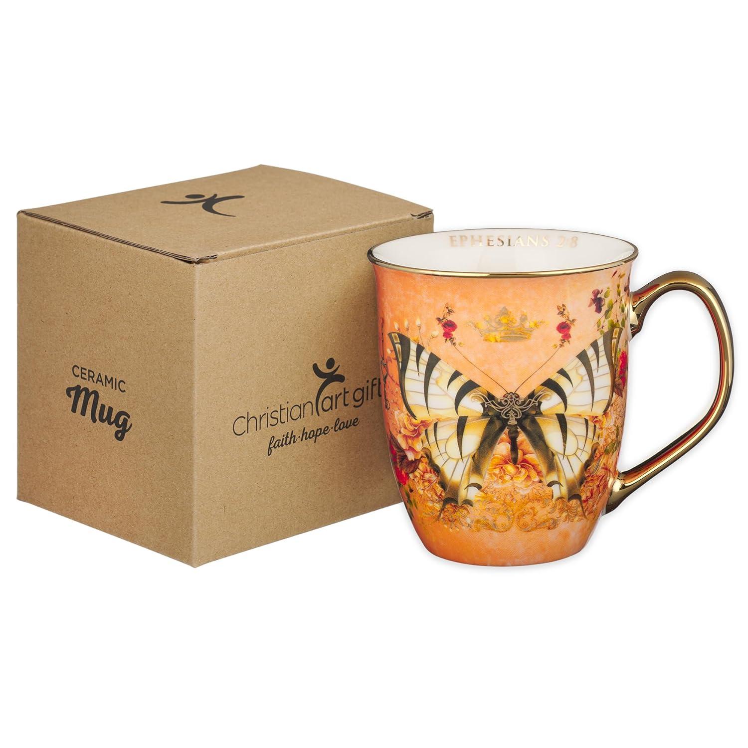 Christian Art Gifts Large Ceramic Butterfly Scripture Coffee & Tea Mug for Women: Grace - Inspirational Bible Verse Novelty Non-toxic Drinkware w/Gold Accents, Orange & White Multicolor Floral, 14 oz.