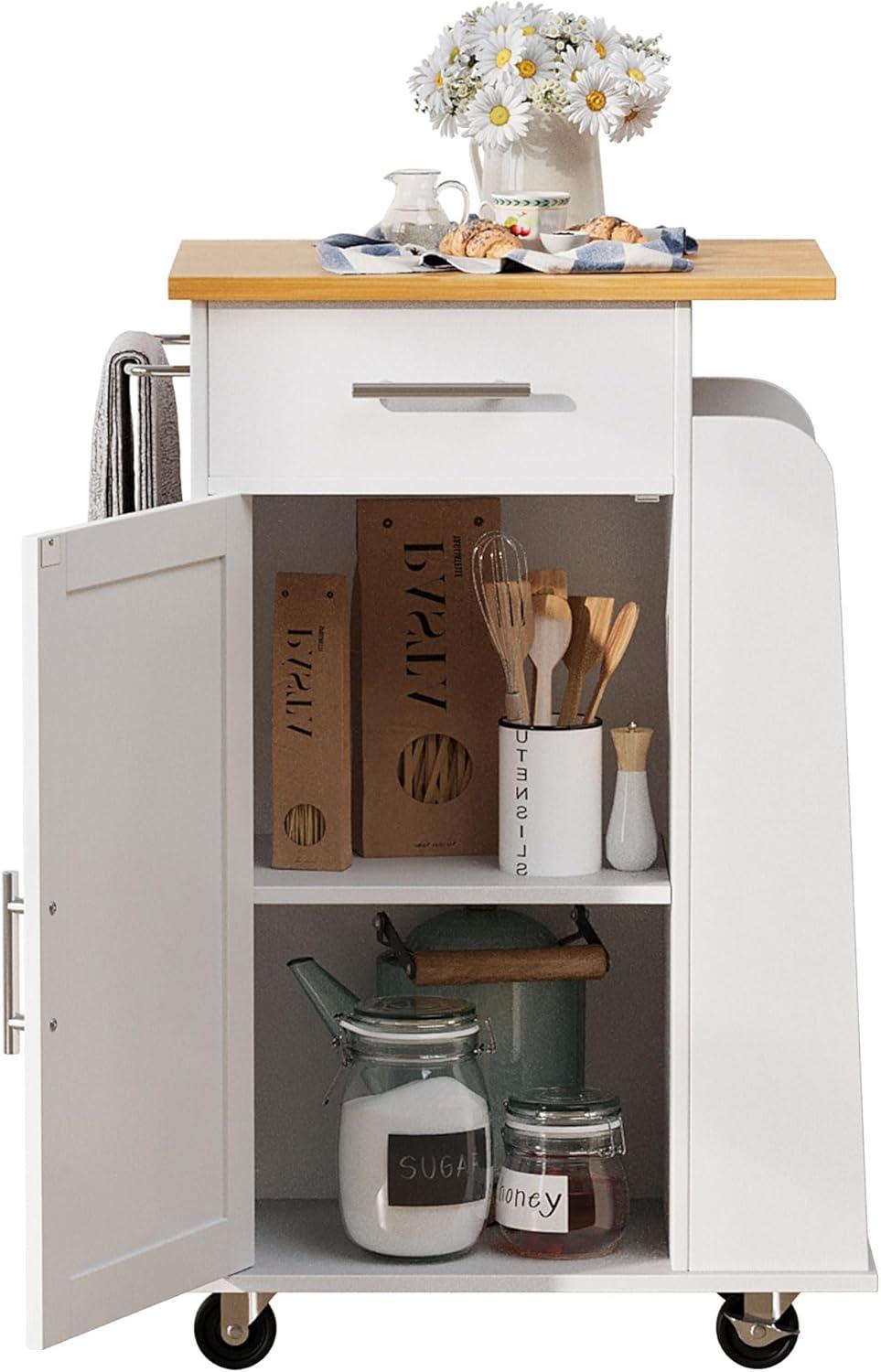 Sobaniilo Small Kitchen Island on Wheels with 3-Tier Side Spice Rack and Rubber Wood Top, Trolley Cart with Storage Cabinet & Drawer and Handle/Towel Rack, White