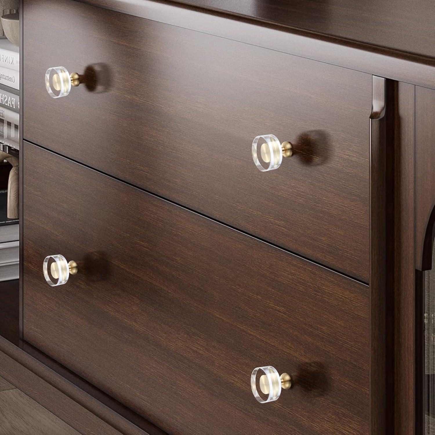 12-Pack 1-1/4-Inch White Cabinet Glass Crystal Brass knobs Brass Drawer Round Knobs Dresser Pulls, Gold Hardware Kitchen Closet knobs for Bifold Doors