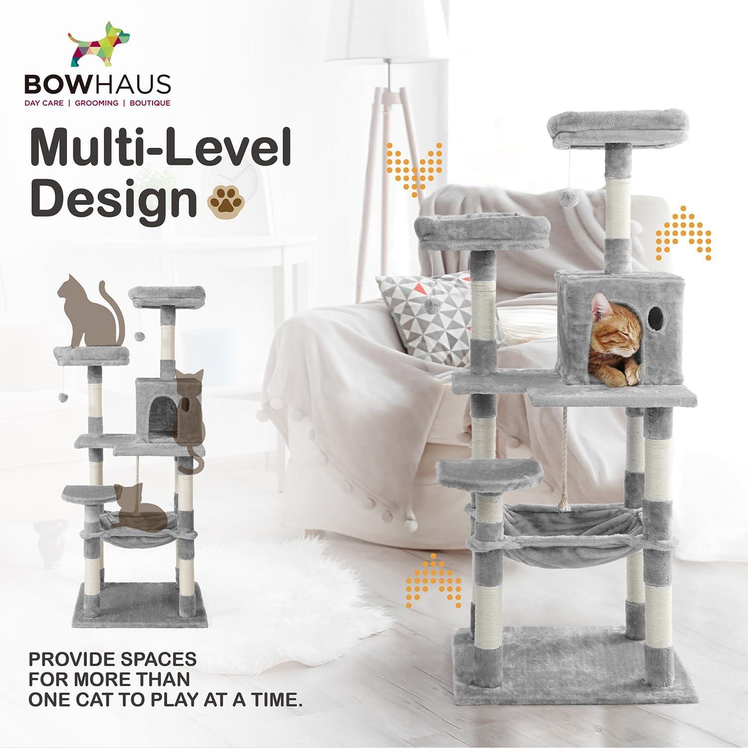 CAPHAUS Tall Cat Tree for Indoor Cats, Modern Cute 58-Inch Cat Climbing Play Tower with Top Perch for Large Cats Kittens, Multi-Level Cat Activity Tree w Scratching Posts, Hammock, Cat Cave Condo