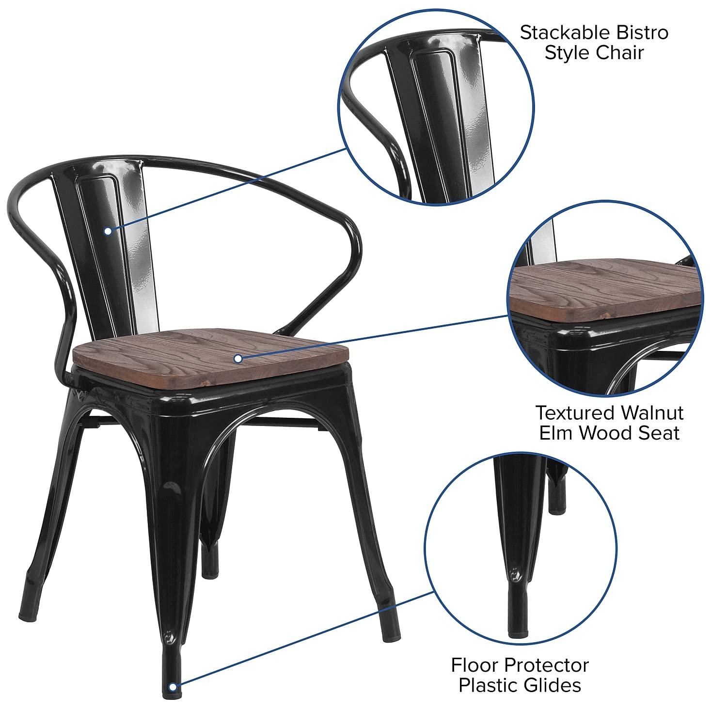 Flash Furniture 4 Pk. Black Metal Chair with Wood Seat and Arms