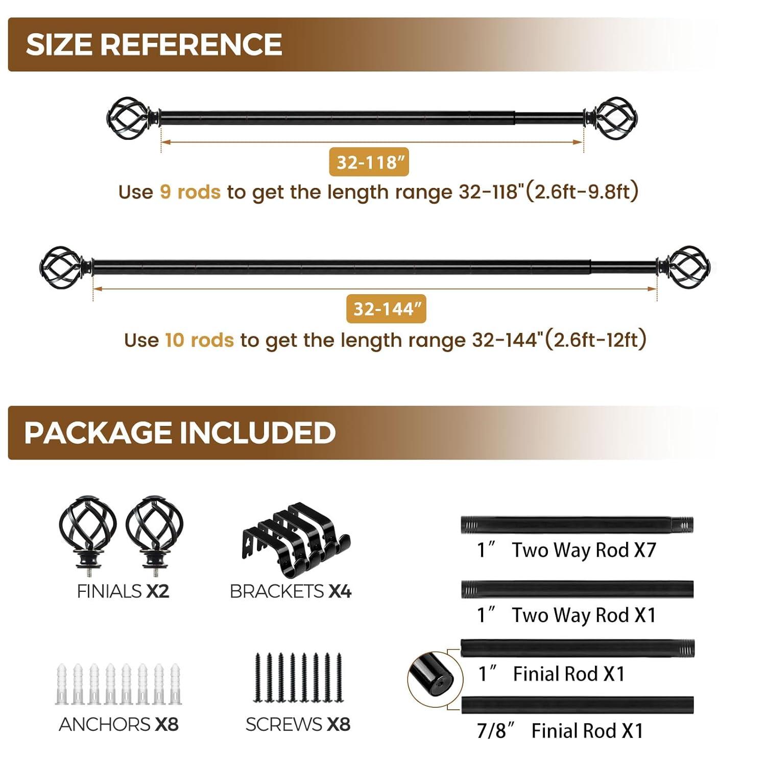KAMANINA Black Curtain Rods for Windows 72 to 144 Inches (6-12ft), 1 Inch Heavy Duty Curtain Rod 32 to 144, Long Decorative Single Drapery Rods, Twisted Cage End