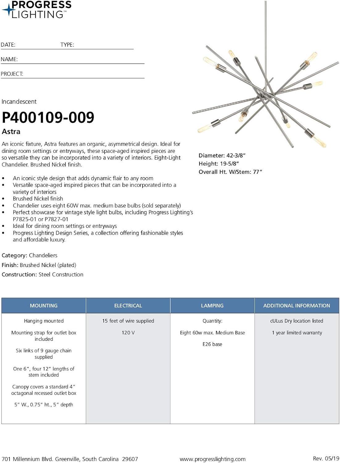 Progress Lighting Astra 8-Light Chandelier, Brushed Nickel, Steel, Modern, No Shade