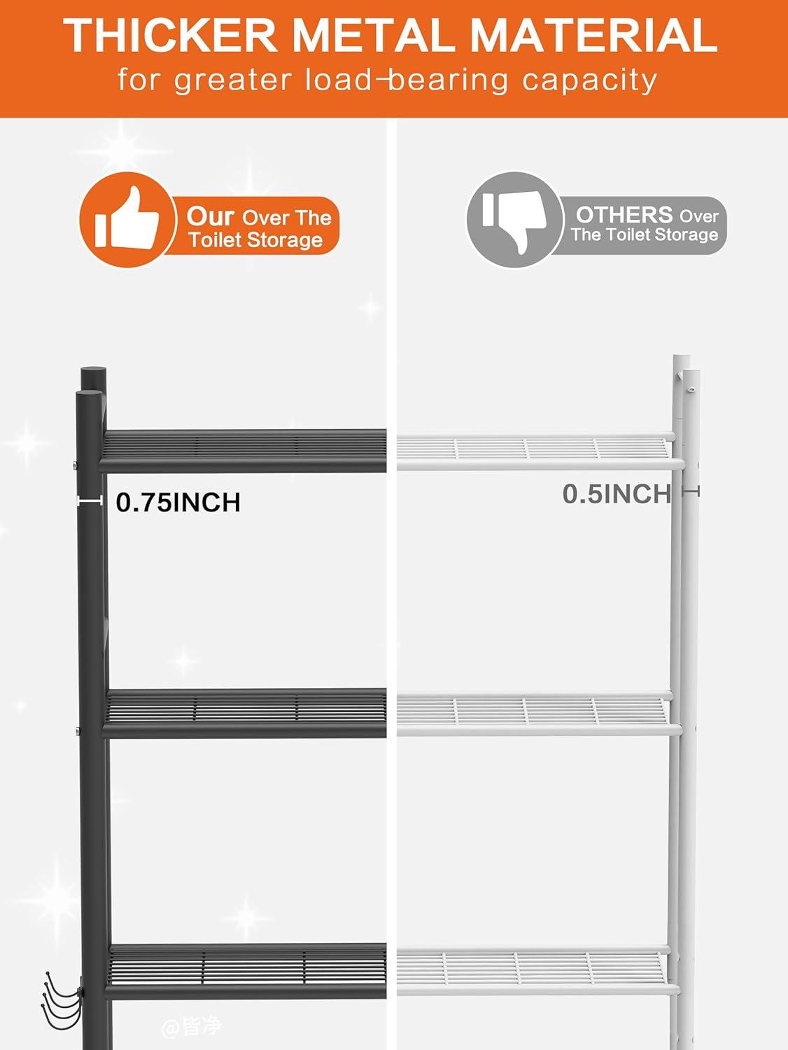 3-Tier Over The Toilet Storage, Space Saver Metal Bathroom Shelves, Freestanding Above Over Toilet Storage Shelf With 4 Hooks For Bathroom, Black