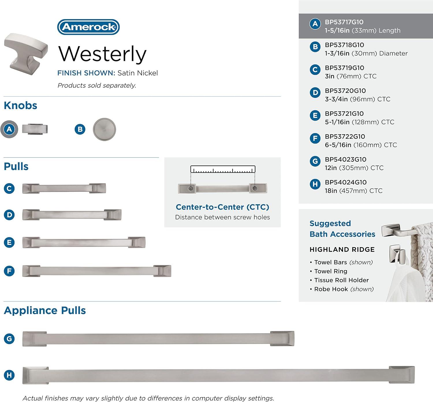 Amerock Westerly 1-5/16 inch (33mm) Length Satin Nickel Cabinet Knob