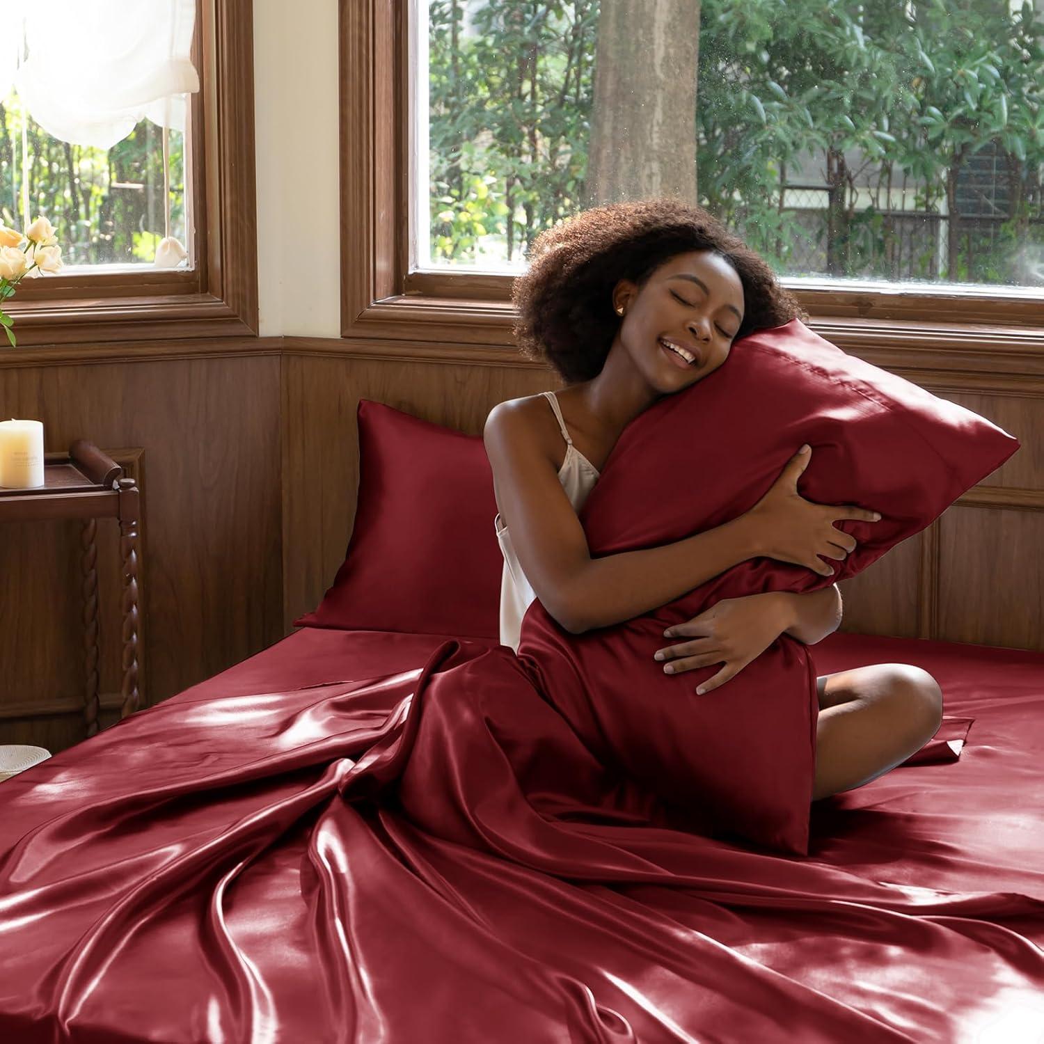 Cloud Fino Luxurious Satin Bed Sheets Burgundy Silk Sheets King 15 " Deep Pocket Pillowcases Sheet, 4-Piece