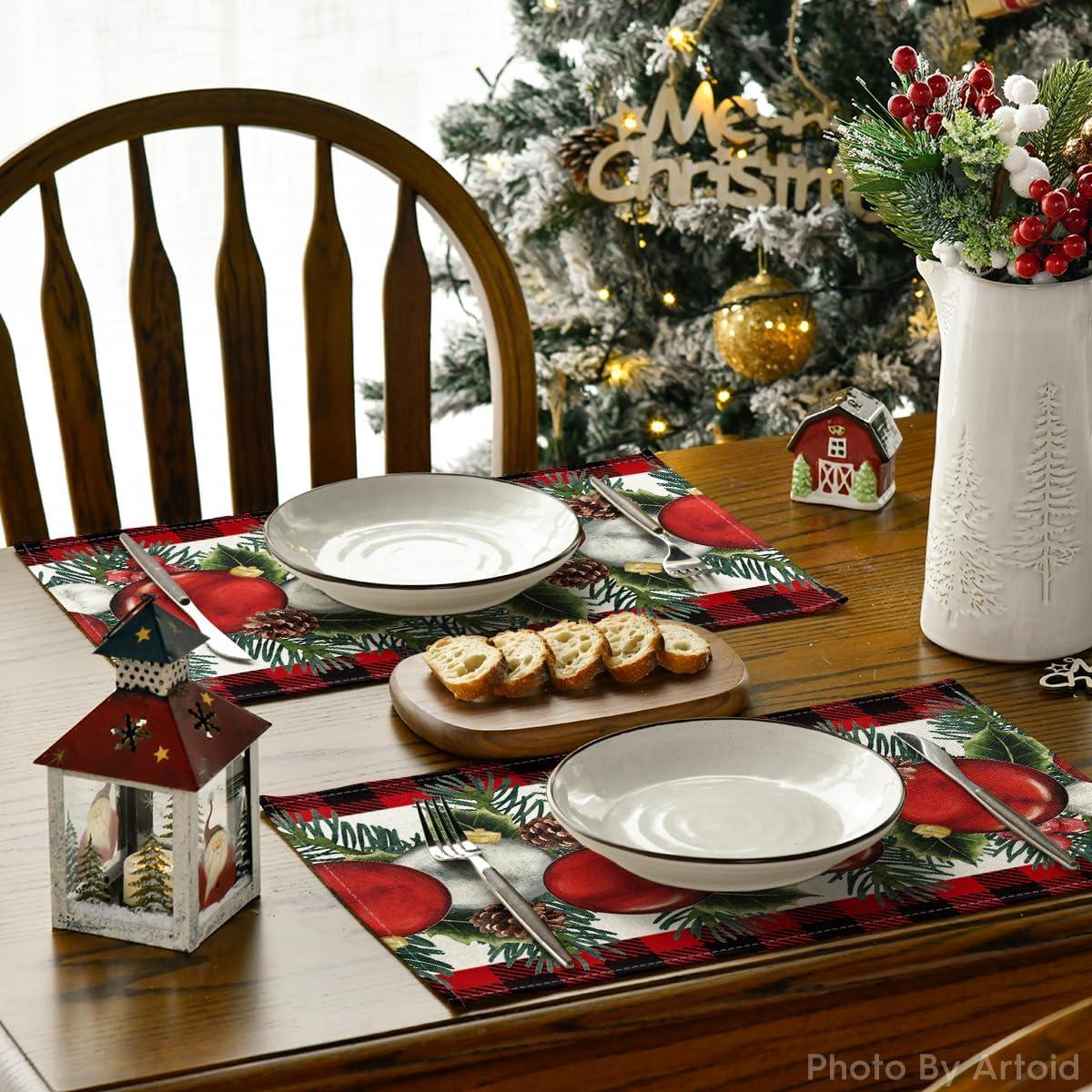 Linen Red and Black Buffalo Check Plaid Christmas Placemats Set of 4 Farmhouse Winter Christmas Xmas Holiday Home Kitchen Table Decorations