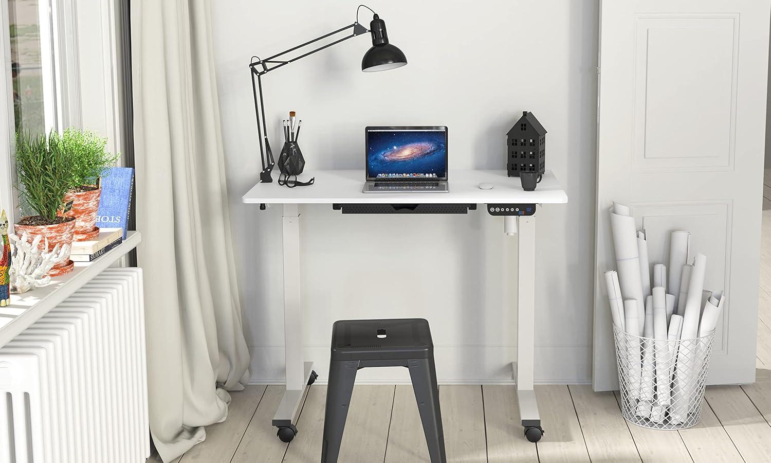 White Adjustable Height Standing Desk with Drawer and Wheels